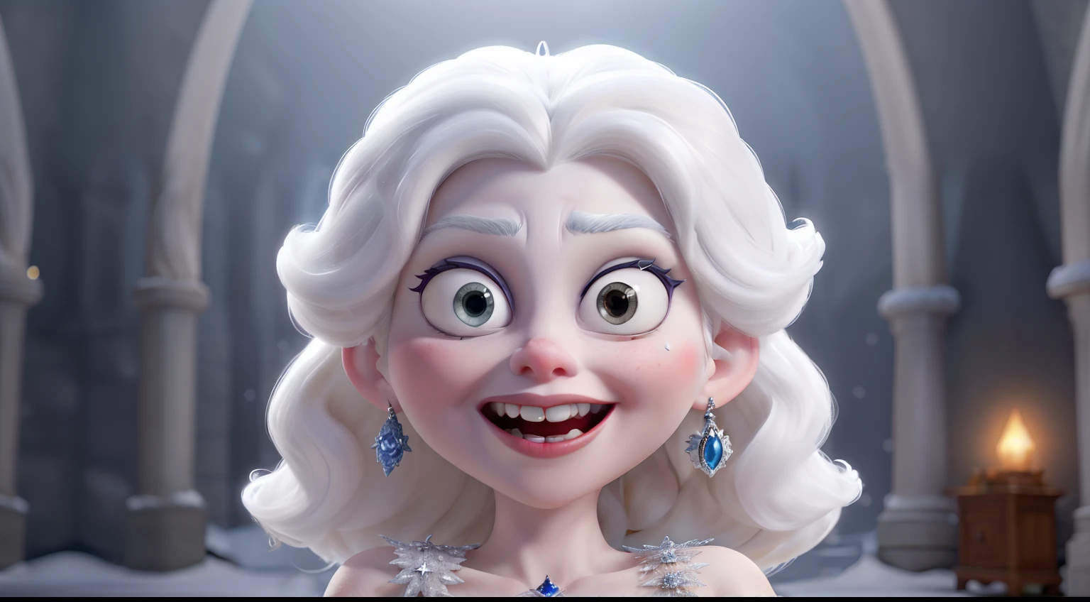 The Snow Queen has a complexion as white as a pearl, blonde hair, and demon-like eyes. She wears a red dress adorned with many jewels. The Snow Queen has a wicked gaze; she is angry like a devil.A full-figure with white hair, a troubled expression, and stern features.She smiles in a demonic and mocking way, making fun of everyone; she is wicked.