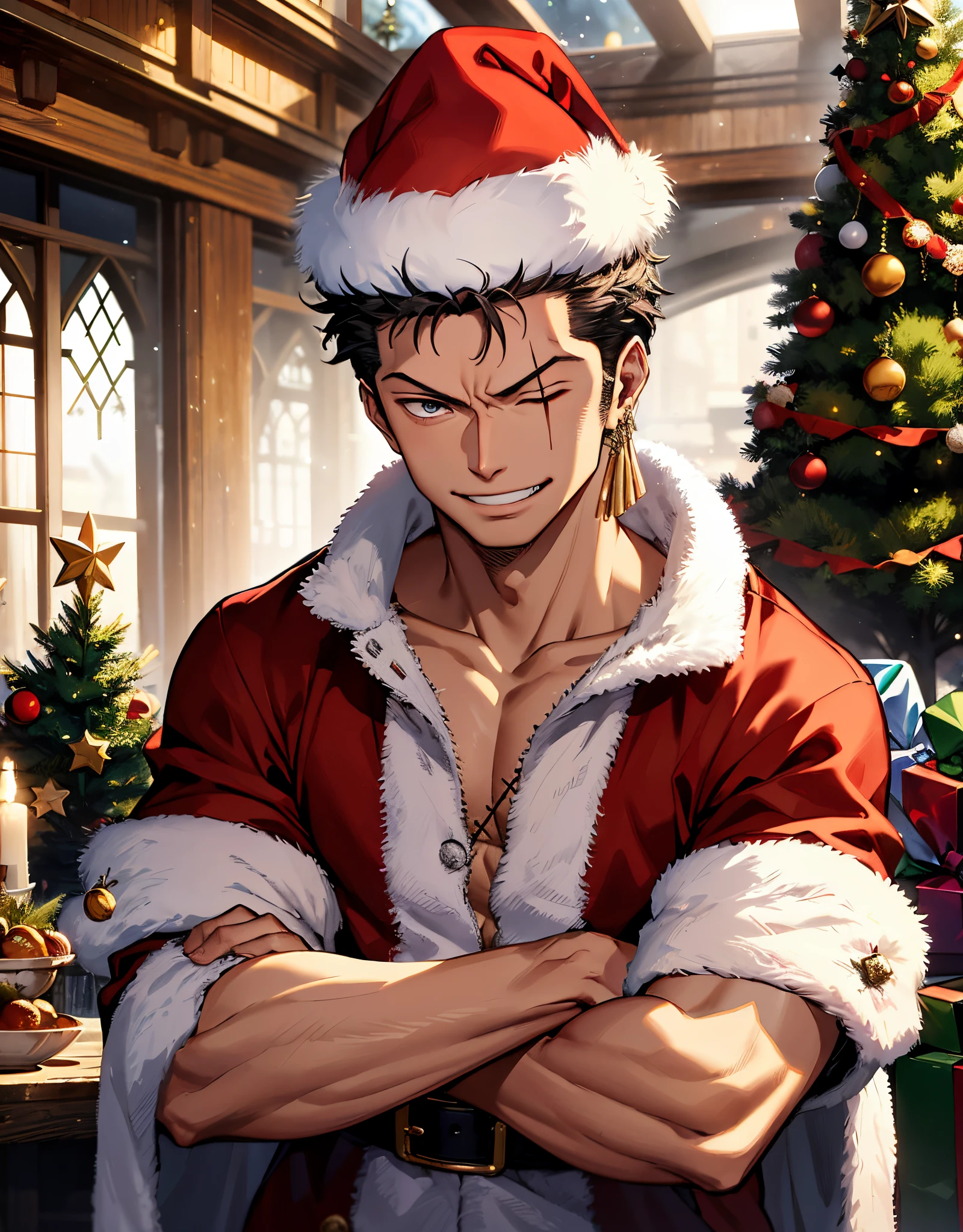 a man in a santa hat laying on a bed, santa, by Pu Hua, by Lü Ji, masculine muscular figure, christmas, muscular masculine figure, santa claus, sexy masculine, muscular man, muscular men, korean artist, manhwa, wearing santa hat, festive, muscular male, sitting on santa, masayoshi suto and artgerm, pan ren wei, ful calidad, 4k, ful HD, calidad de cine, calidad alta