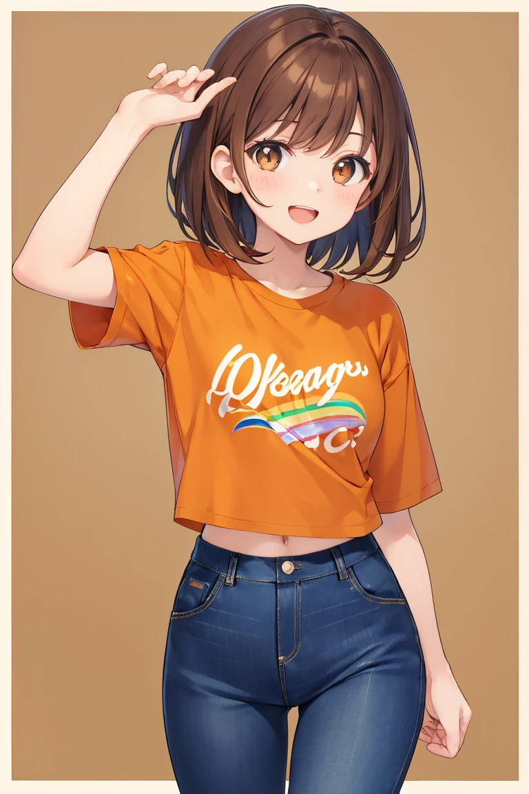 Brown hair, medium hair, brown eyes, shirt, elbow sleeves, orange sleeves, yellow top, rainbow motif on the shirt, smile, open mouth, blue jeans, long pants, jeans