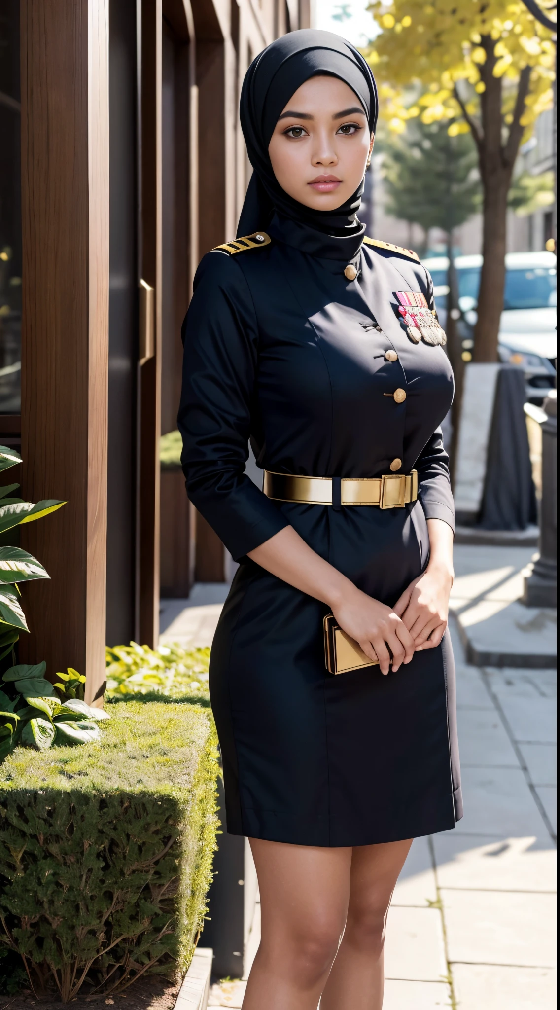 RAW, Best quality, high resolution, masterpiece: 1.3), beautiful Malay woman in hijab,Masterpiece, perfect slim fit body, (Huge breasts), big gorgeous eyes, Soft smile,close up of a woman in a uniform standing on a porch, full uniform, jk uniform, wearing military uniform, uniform, full dress uniform, in uniform, army uniform, officers uniform, military uniform, wearing headmistress uniform, general uniform, wearing a military uniform, in military uniform, military outfit, wearing military outfit, girl wearing uniform, wearing rr diner uniform , hijab ,Delicate turtleneck, necklace, shairband, afternoon walk, City garden, Excellent lighting, Bright colors, Clean lines