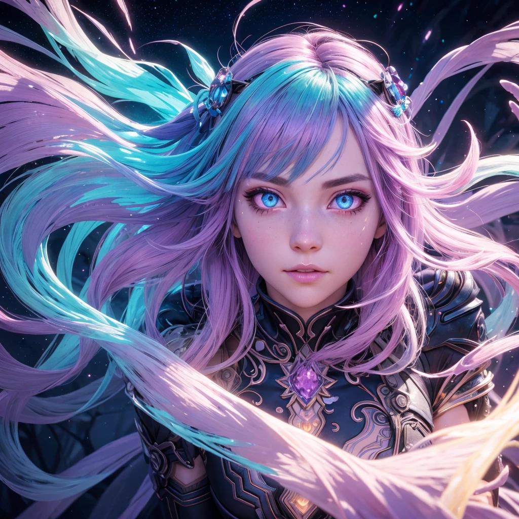 crystal girl, glowing eyes, aura, magic, face, floating glowing dyed hair, Intricately Detailed, 8K Resolution, Dynamic Lighting, Unreal Engine 5, HDR, Perfect Composition, colorful polychromatic, high contrast, ethereal, fantasy, Beautiful face, Photograph