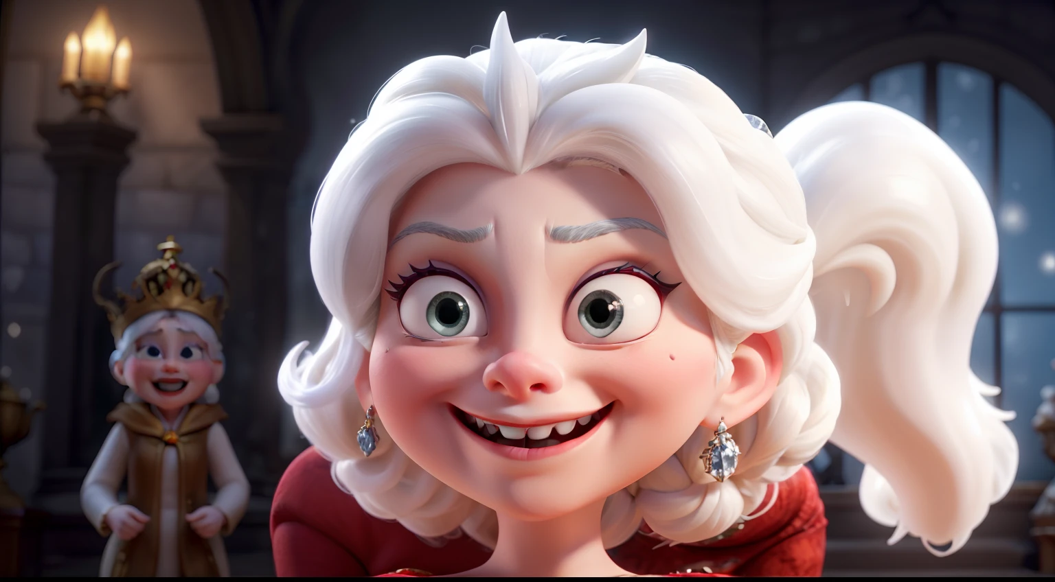 The Snow Queen has a complexion as white as a pearl, blonde hair, and demon-like eyes. The queen is visible in full figure. wears a red dress adorned with many jewels. The Snow Queen has a wicked gaze; she is angry like a devil.A full-figure with white hair, a troubled expression, and stern features.She smiles in a demonic and mocking way, making fun of everyone; she is wicked.
