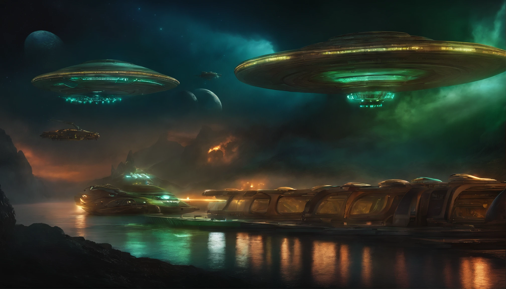 "Aliens disembark from their supernatural spaceship."