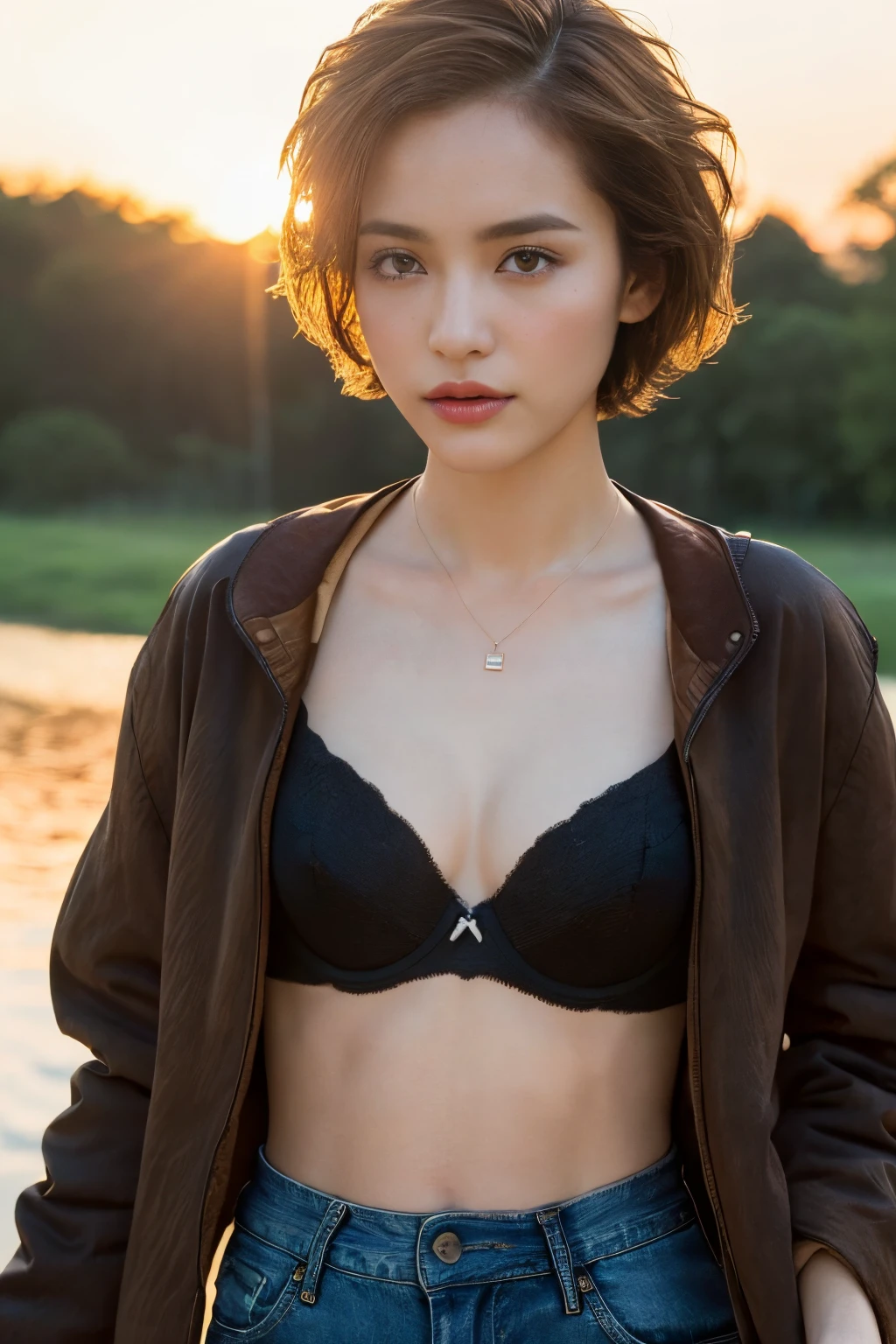 ((top-quality、8K、masterpiece: 1.erfect Body Beauty: 1.4、Slender Abs: 1.2、Beautiful woman with slender abs:1.3、(Highlight Haircutreast B Cup:1.2), medium breast, round shape breast, perfect shape breast, ((( wear black plunge bra, brown jacket, black jean short ))), pubic hair,hight pubic bone, necklace, hyperdetailed face、18year old、 Pretty women、(Dark brown short-cut hair), Slim Face、Highly detailed facial and skin texture、very detailed lips、opens legs、top-quality、masterpiece、超A high resolution、(Photorealsitic:1.4), walked forward confidently, long shot , (outdoor), bright background, sunset light,