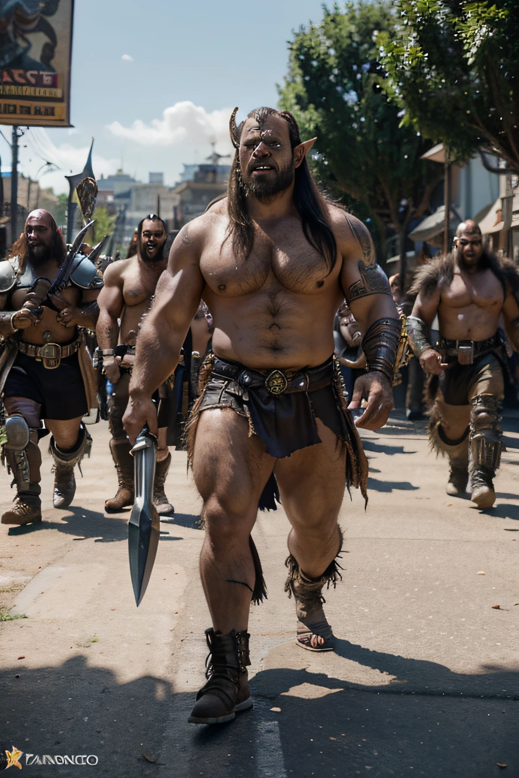 good looking warcraft style male orcs marching armed to war