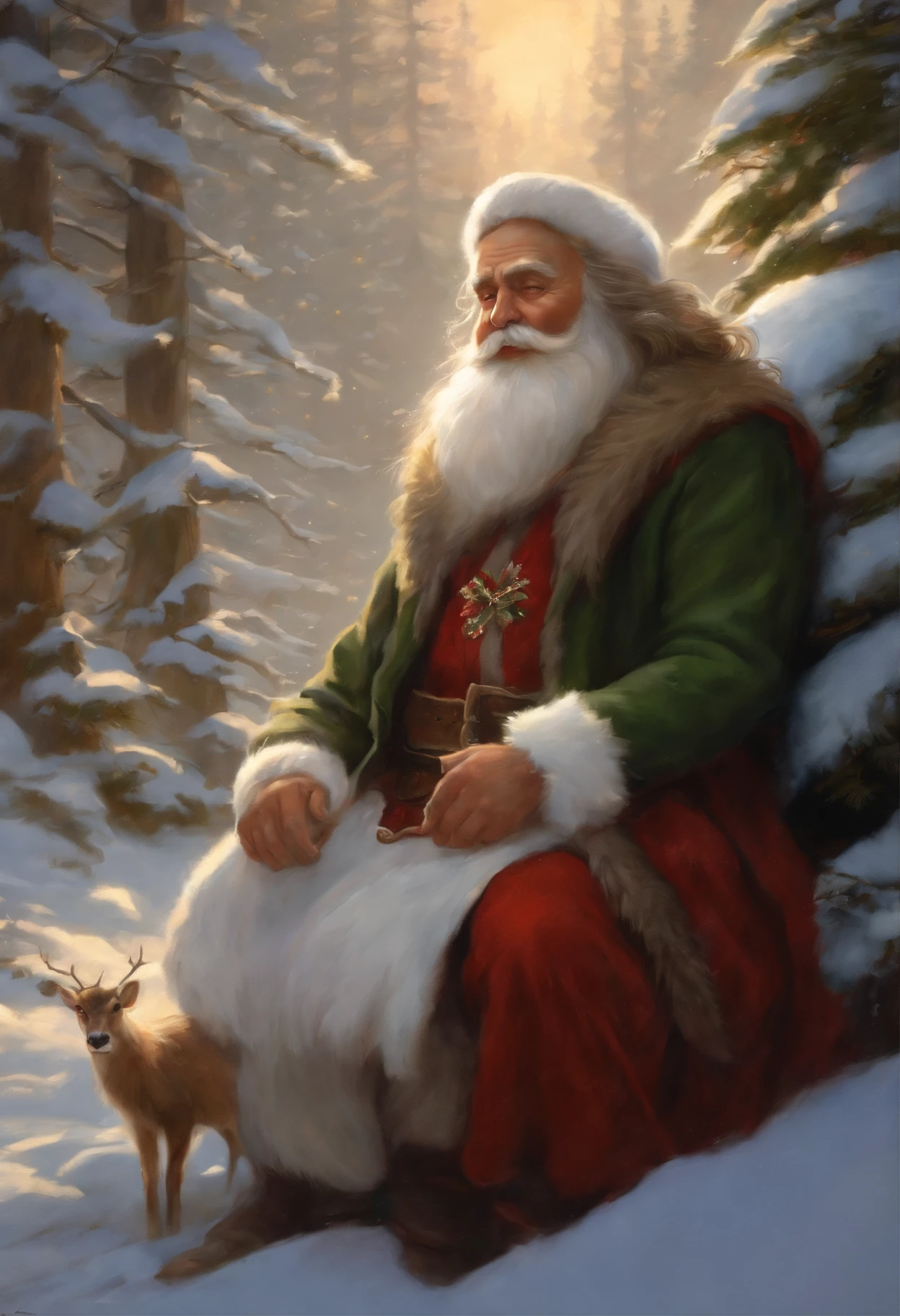 Painting of Santa Claus with a Christmas tree on his lap, Charles Vess and Thomas Kinkade, tyler edlin fantasy art, Todd Lockwood, based on Rudolf F.. Ingerle, rob rey, inspired by Michael Malm, Thomas Kinkade, Winter Rumplestiltskin, Verse Kerem, tuomas korpi and wlop
