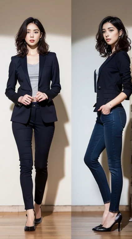 A woman with the same face as last time，４Ｋ、１Man Woman、Slender Abs、Loose wavy styling、Please express it beautifully in every detail...........having clothes are worn、Wearing a cutter shirt、Casual Suit、Wearing pants、is standing、full body Esbian.Attractive position、 Including face and skin texture.，Detailed eyes，Seducting look