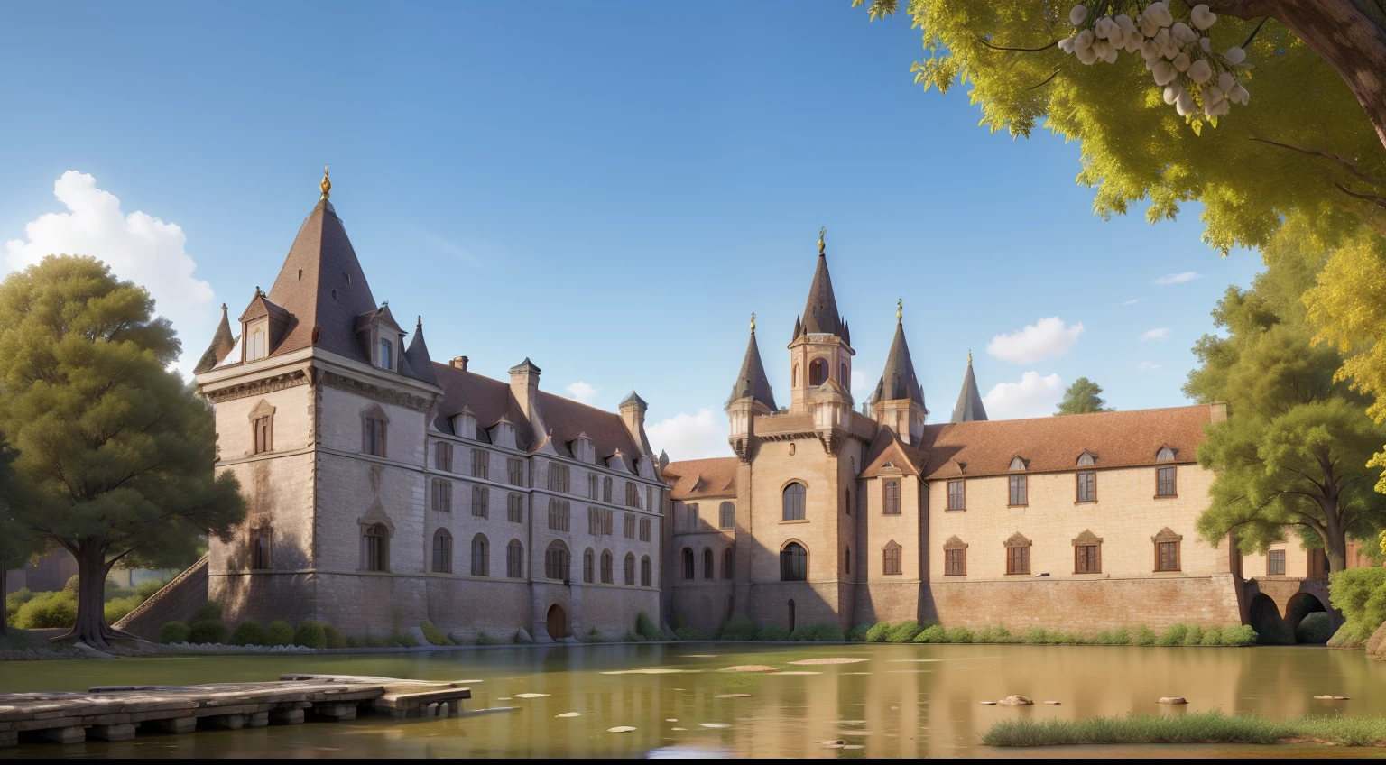 A magnificent Renaissance palace seen from the outside. On the right, there is a wide stream and numerous trees. The palace is equipped with a drawbridge, and in the distance, horses and knights are visible