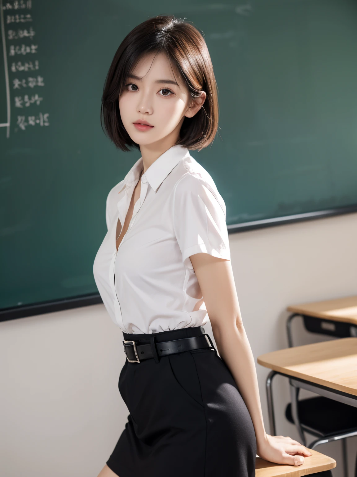 (tmasterpiece, Best quality at best: 1.2), natta(chainsawman),(Very delicate face, Authentic images, Realistic skin, Realistic body, Complicated details), red eyes (intimidating expression), light blush, social clothes, half-collar button-down shirt (The white), white bra, a skirt (Black), black buckle belt, short detailed hair, eye glass, small, closeup cleavage, Big thighs, Classroom, blackboards.