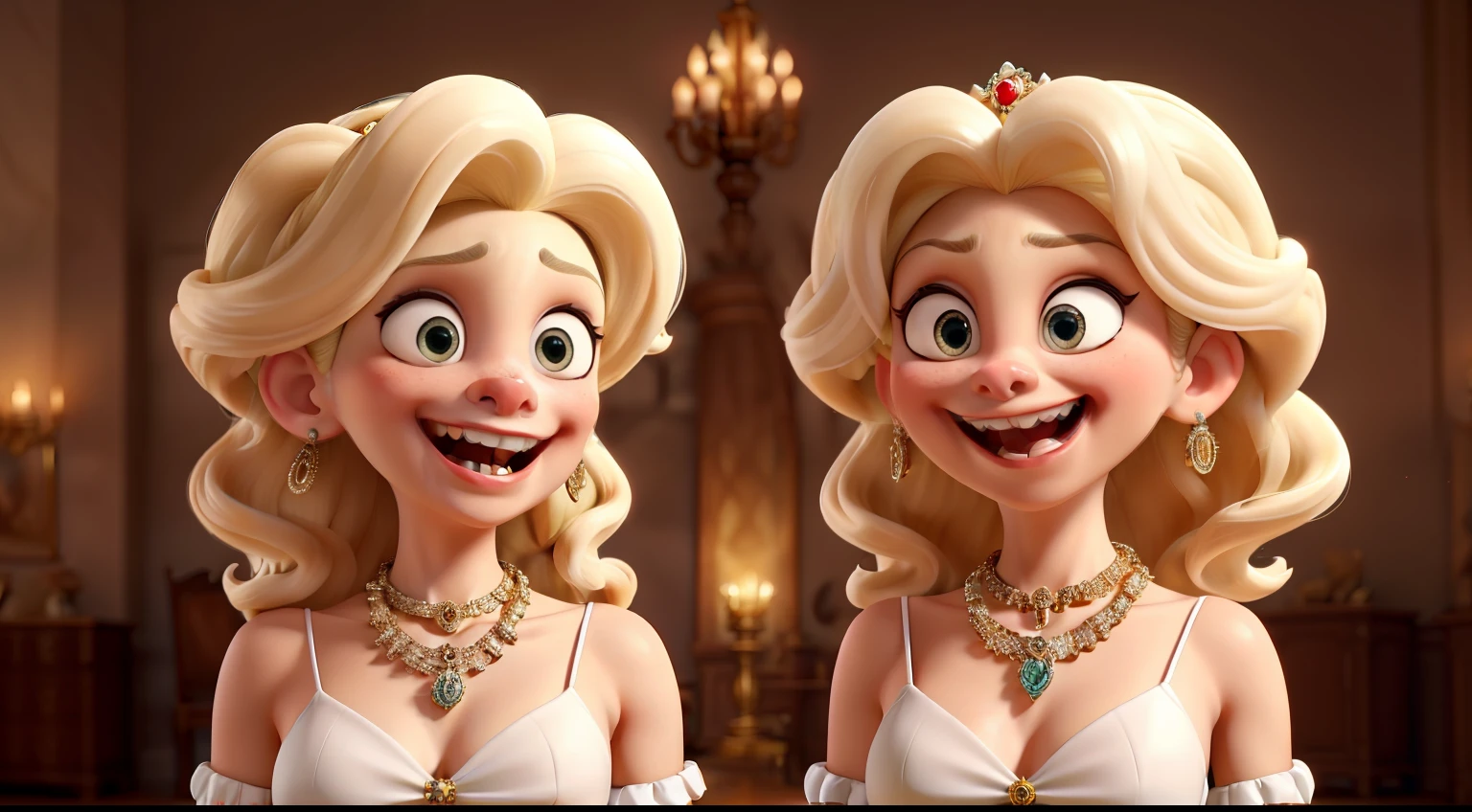 wo sisters with white skin and blonde hair, snake-like gazes, demonic laughter, dressed in luxurious attire with necklaces, earrings, and tiaras. The two sisters are standing in full figure, The sisters laugh heartily, leaning on each other as they burst into laughter. They have closed mouths. They look angry, with a stern and displeased expression.