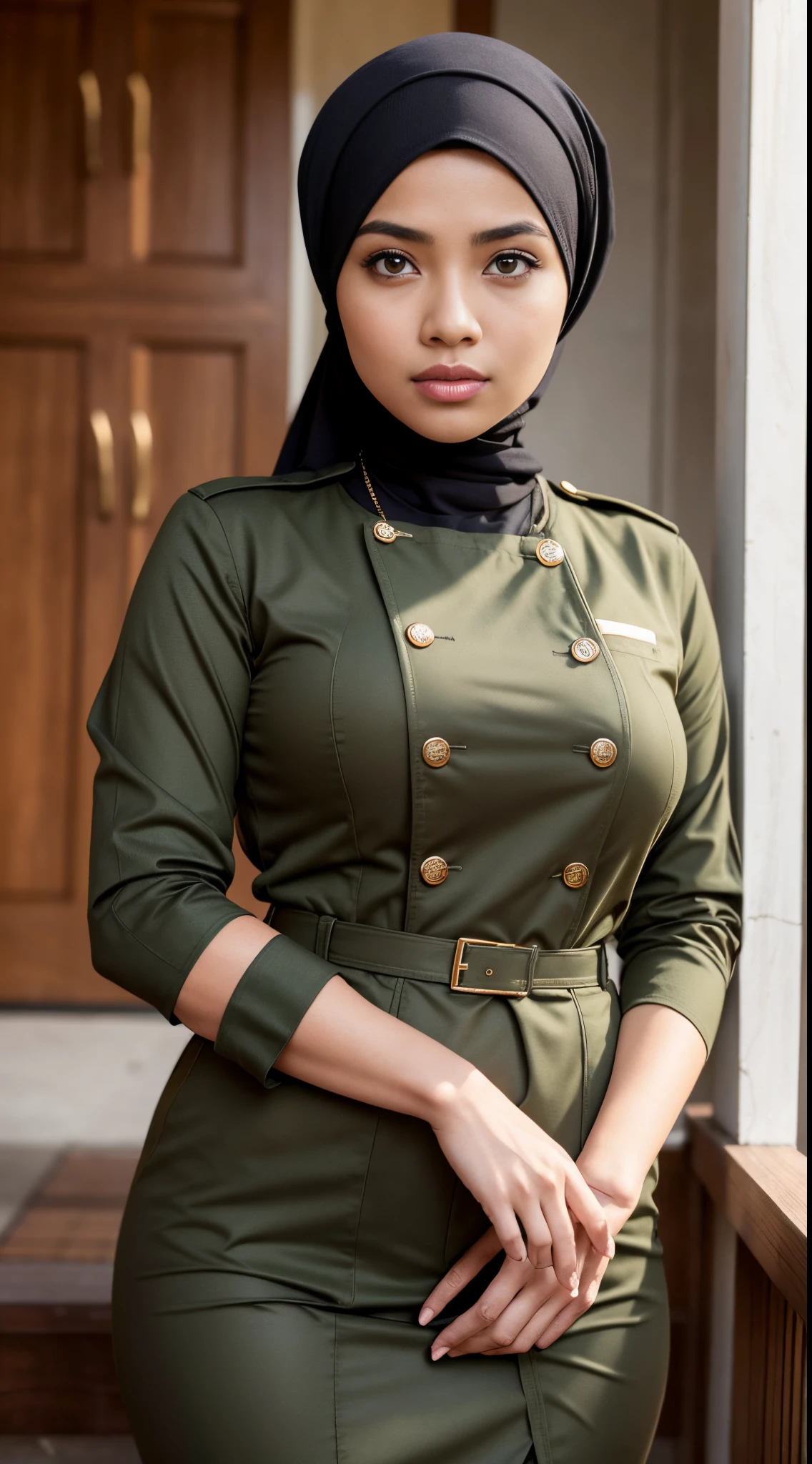 RAW, Best quality, high resolution, masterpiece: 1.3), beautiful Malay woman in hijab,Masterpiece, perfect slim fit body, (Huge breasts), big gorgeous eyes, Soft smile,close up of a woman in a uniform standing on a porch, full uniform, jk uniform, wearing military uniform, uniform, full dress uniform, in uniform, army uniform, officers uniform, military uniform, wearing headmistress uniform, general uniform, wearing a military uniform, in military uniform, military outfit, wearing military outfit, girl wearing uniform, wearing rr diner uniform , hijab ,Delicate turtleneck, necklace, shairband, afternoon walk, City garden, Excellent lighting, Bright colors, Clean lines