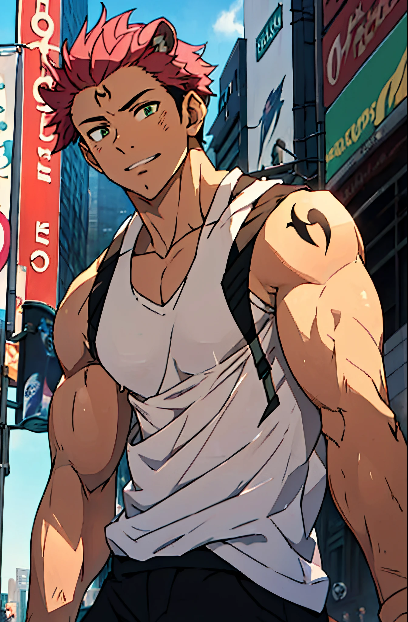 A mais alta qualidade, 8K, image high resolution, Detailed strokes, no meio de uma avenida movimentada estilo Times Square, inverno, apoiado em um dos postes, adolecente, lion men, wearing a tank top , masculo, chest a little tight in the shirt , (angulo de baixo), (angulo perto) , pernas definidas, defined arms, abdomen definido, com a camisa,