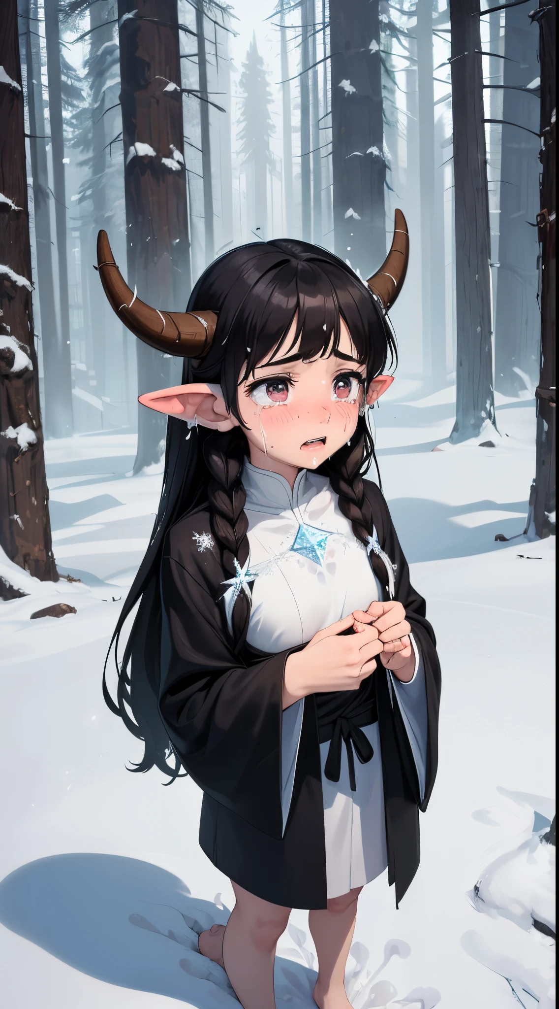 masterpiece, 1girl, a cute girl, with long black messy hair, ((strange scar on face:1)), cute face, deep black eyes, ((horned:0.9)), ((goatee ears)), stand on snow, barefoot, ripped clothes robe, ((crying face)), forest background, broken exposition, focus on face, erasing tears, flushed face, (frozen breath effect:1.35)