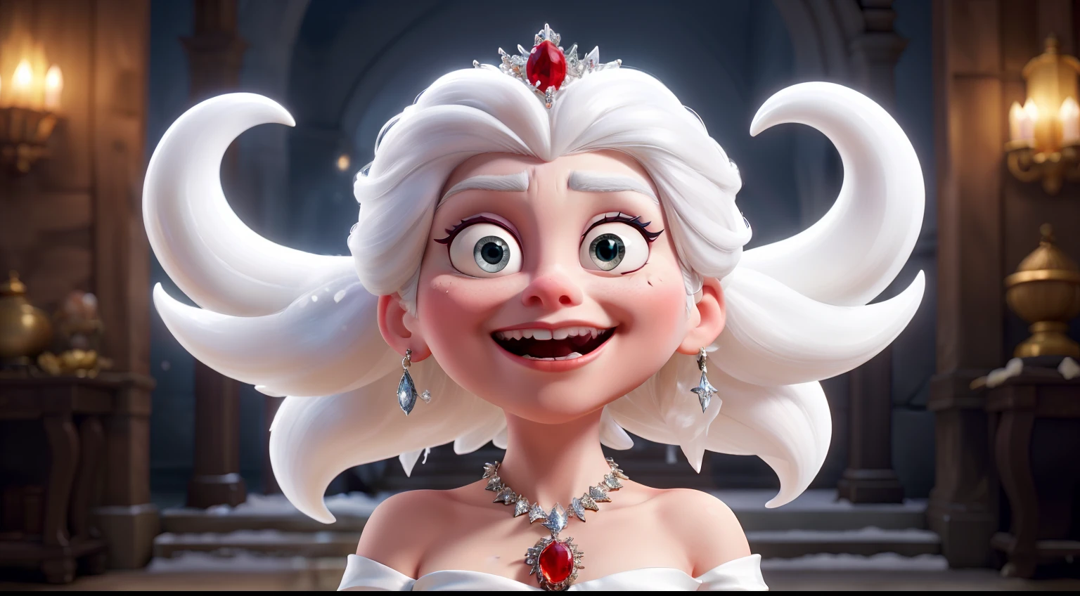 The Snow Queen has a complexion as white as a pearl, blonde hair, and demon-like eyes. The queen is visible in full figure. wears a red dress adorned with many jewels. The Snow Queen has a wicked gaze; she is angry like a devil.A full-figure with white hair, a troubled expression, and stern features.She smiles in a demonic and mocking way, making fun of everyone; she is wicked.