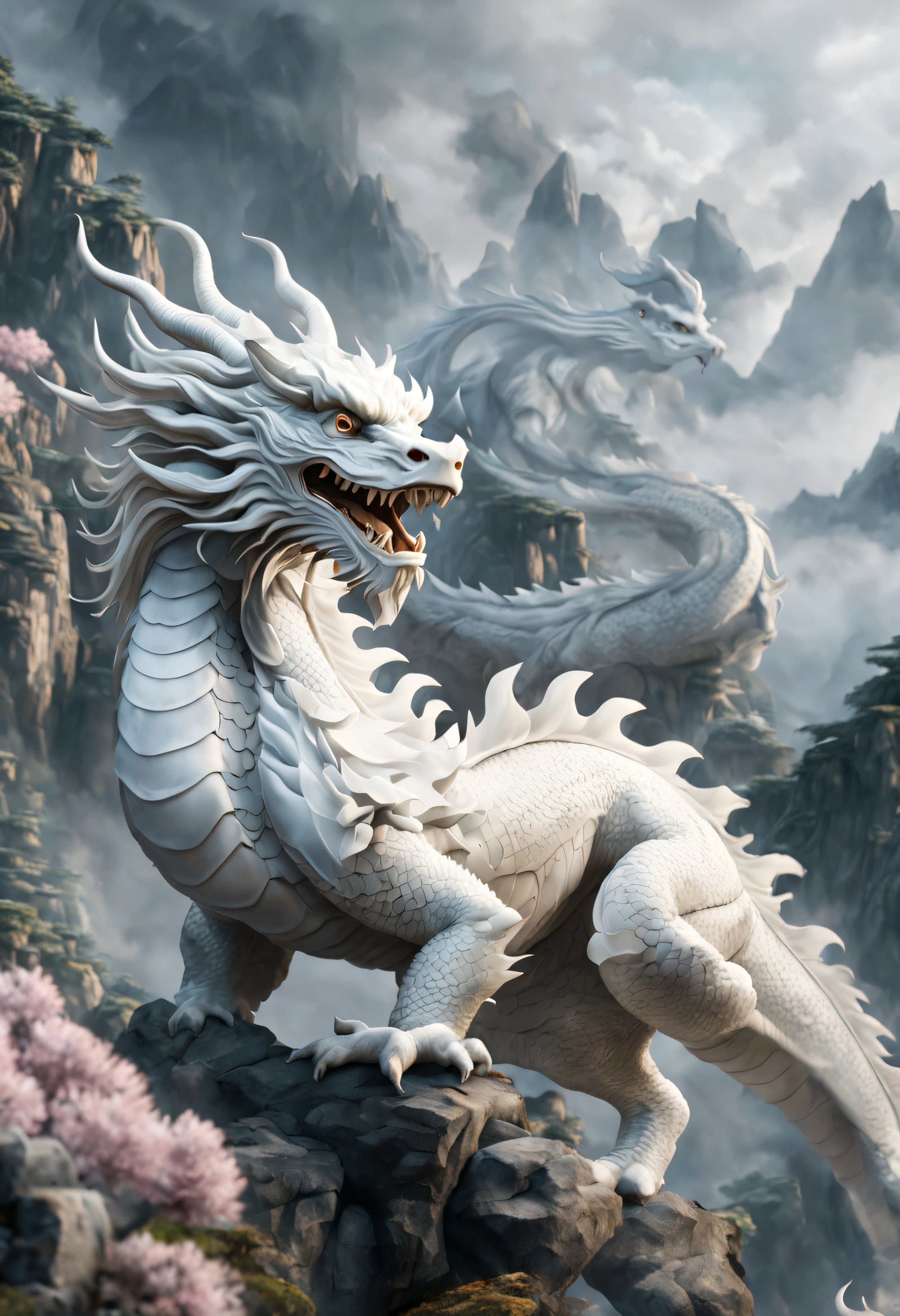 ultra masterpiece 8k, very detail, scales face, full body, fins beards, fine eyes, fine horns, very majestic, realistic, 2 pair white Chinese dragons, flying through Chinese mountains going to the celestial realms.