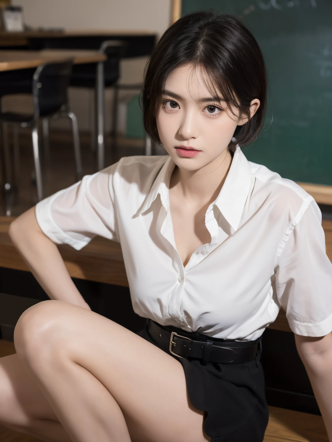(tmasterpiece, Best quality at best: 1.2), natta(chainsawman),(The face is very delicate, Authentic images, Realistic skin, Realistic body, Complicated details), red eyes (A threatening expression), light blush, social clothes, half collar button down shirt (The white), a skirt (Black), Black buckle belt, Short hair details, eye glass, small, closeup cleavage, Big thighs, Classroom, blackboards.