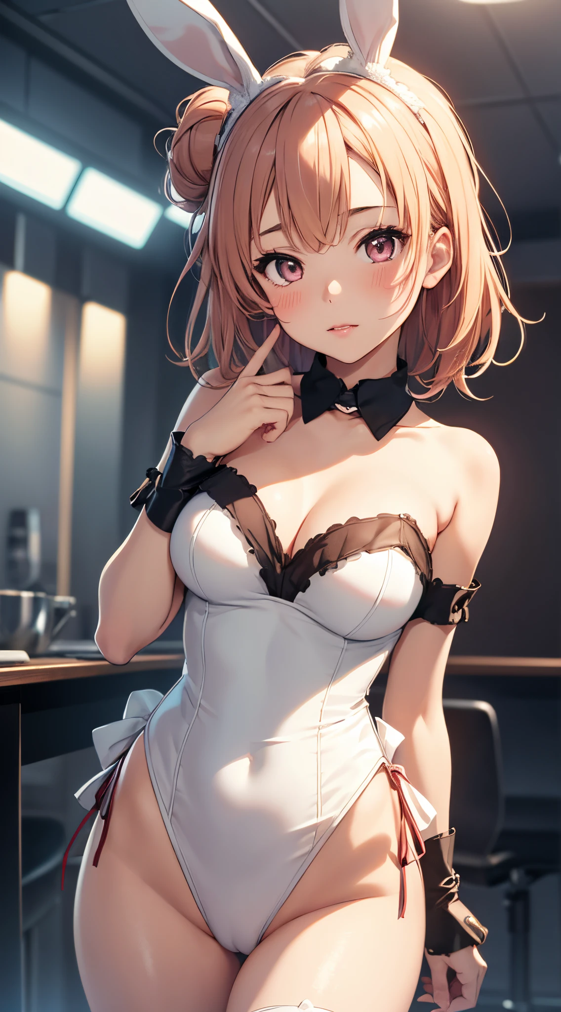 1girl, solo, masterpiece, best quality, high res, highly detailed, (illustration), beatiful detailed eyes, yuigahama yui, single hair bun, glossy lips, light makeup, blush, (bunny), strapless leotard, bunny ears, wrist cuffs, detached collar, standing, facing viewer