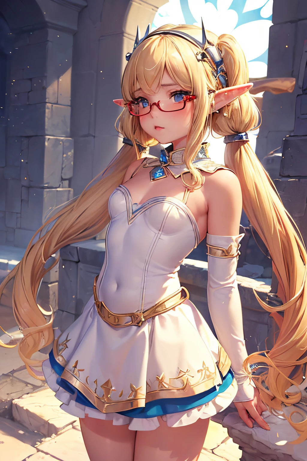 `Ice queen of the kingdom against the background of the sun, High Definition, rich in details` ,(((petite girl with blonde twin tails))),(((SFW))),(((Mix and mix))),(((red blush))),(((Cute voice))),Glasses,((((elf-ears)))),(((Fantasy worldview)))