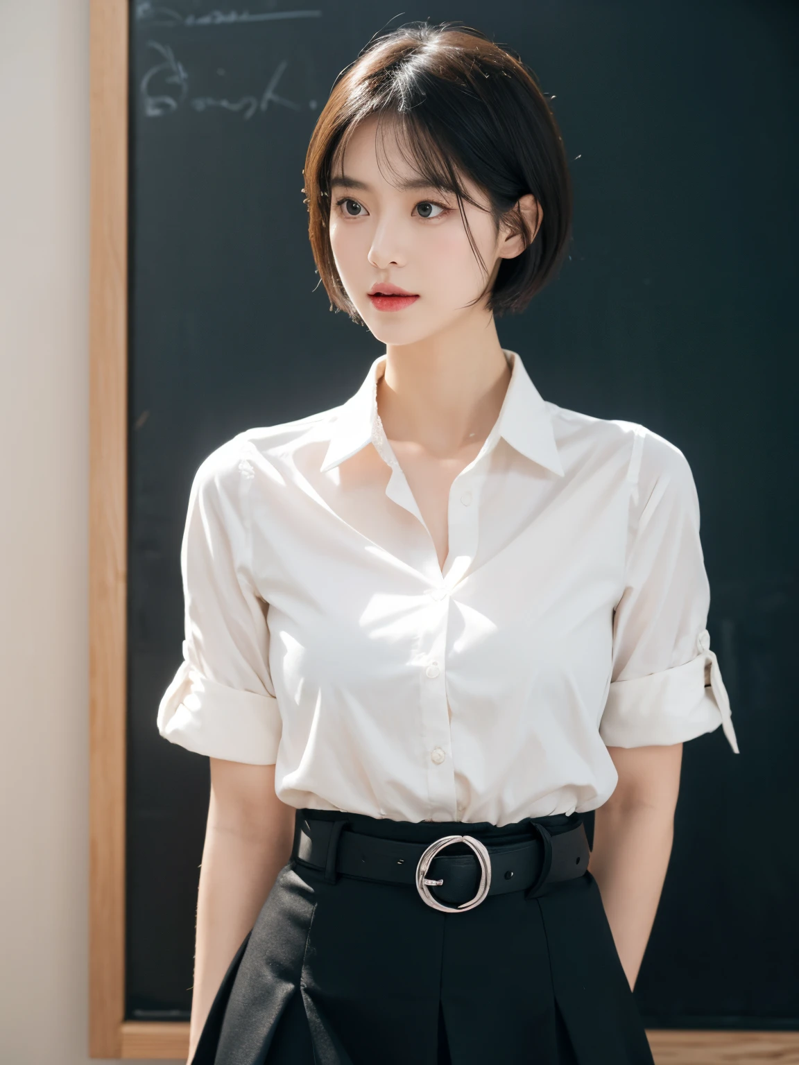 (tmasterpiece, Best quality at best: 1.2), natta(chainsawman),(The face is very delicate, Authentic images, Realistic skin, Realistic body, Complicated details), red eyes (A threatening expression), light blush, social clothes, half collar button down shirt (The white), a skirt (Black), Black buckle belt, Short hair details, eye glass, small, closeup cleavage, Big thighs, ‎Classroom, blackboards.