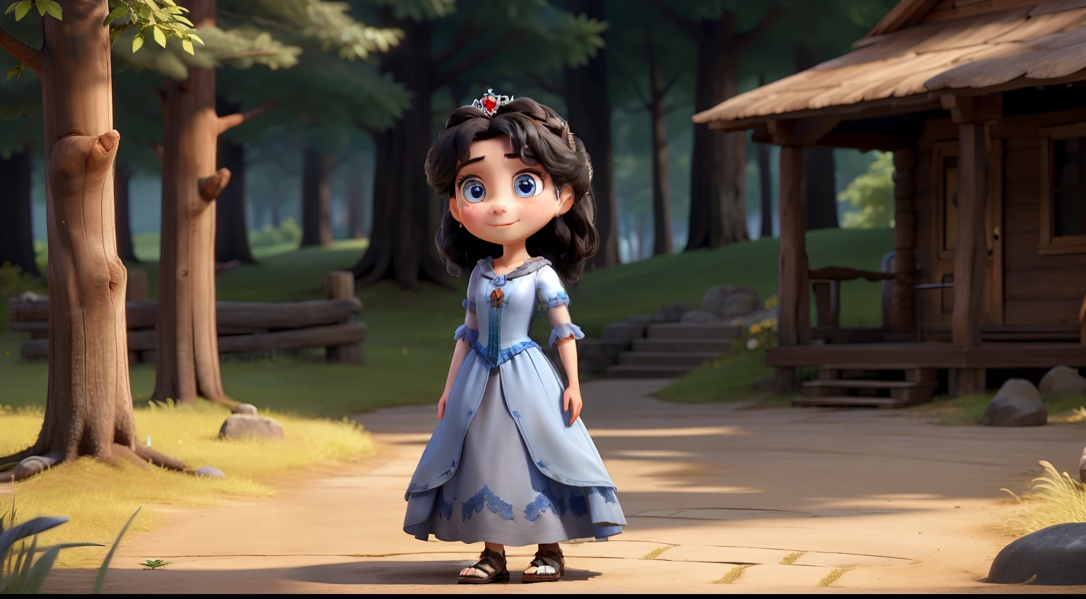 The good princess has dark hair and sky-blue eyes. She wears a gray gown like ashes and wooden sandals.