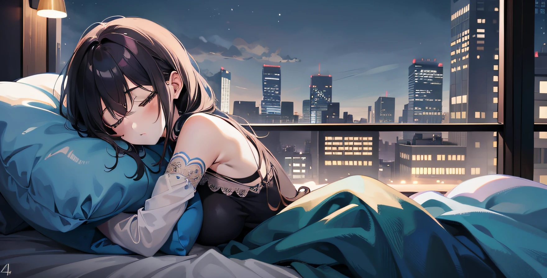 Anime girl lying on bed with city view at night, 4k anime wallpaper, anime wallpaper 4k, anime wallpaper 4k, anime backgrounds, anime art wallpaper 8 k, anime art wallpaper 4k, anime art wallpaper 4k, hd anime wallaper, ultra hd anime wallpaper, 4 k manga wallpaper, Anime Girl Wallpaper Wallpaper, anime style 4 k, nightcore, (((In a peaceful sleep, Woman sleeps in fetal position))), The blanket she is wrapped in is a soft pastel pink.