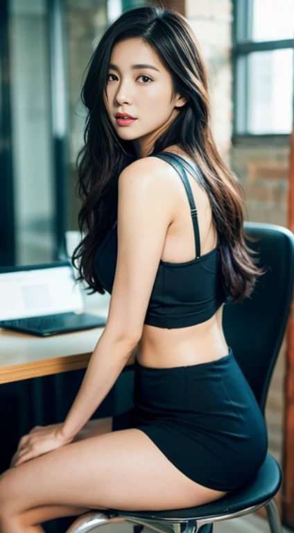A woman with the same face as last time，４Ｋ、１Man Woman、Slender Abs、Loose wavy styling、Please express it beautifully in every detail........having clothes are worn、Wearing a suit、Wearing a skirt、Sitting at a desk、is standing、full body Esbian.Attractive position、 Including face and skin texture.，Detailed eyes，sticking out the buttocks、Seducting look、Backshots