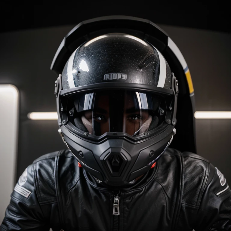 Homem de capacete preto de motoqueiro astronautico que cobre todo o rosto, casaco preto de Napa que parece um casaco de motoqueiro do moto gp, fundo abstracto com um teor filosofico
