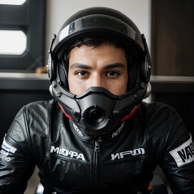 Homem de capacete preto de motoqueiro astronautico que cobre todo o rosto, casaco preto de Napa que parece um casaco de motoqueiro do moto gp, fundo abstracto com um teor filosofico