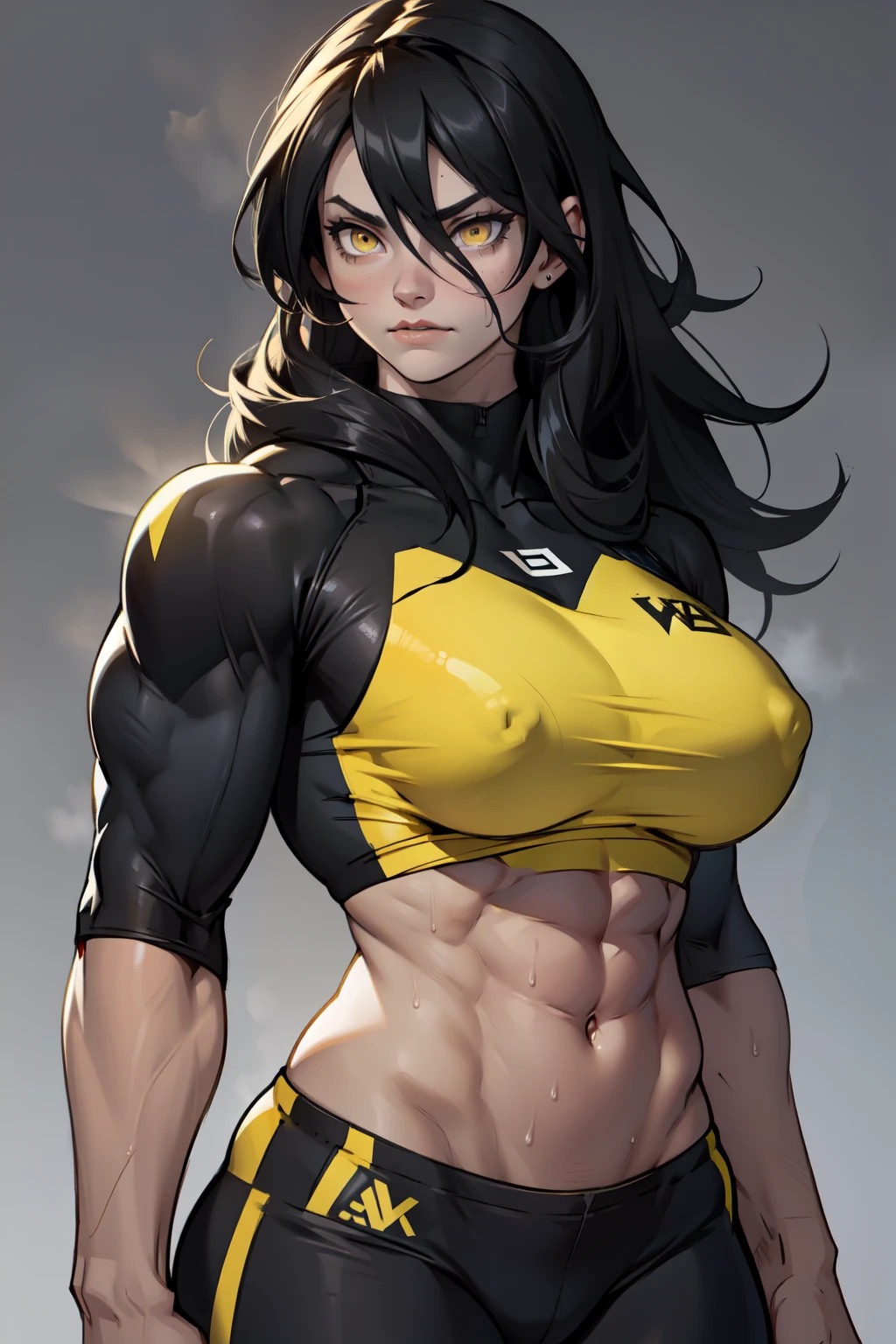 girl (1girl muscular grey background pale skin bodybuilder) toned body huge breasts thin waist black hair yellow eyes straight hair sweaty hair between eyes dark atmosphere
