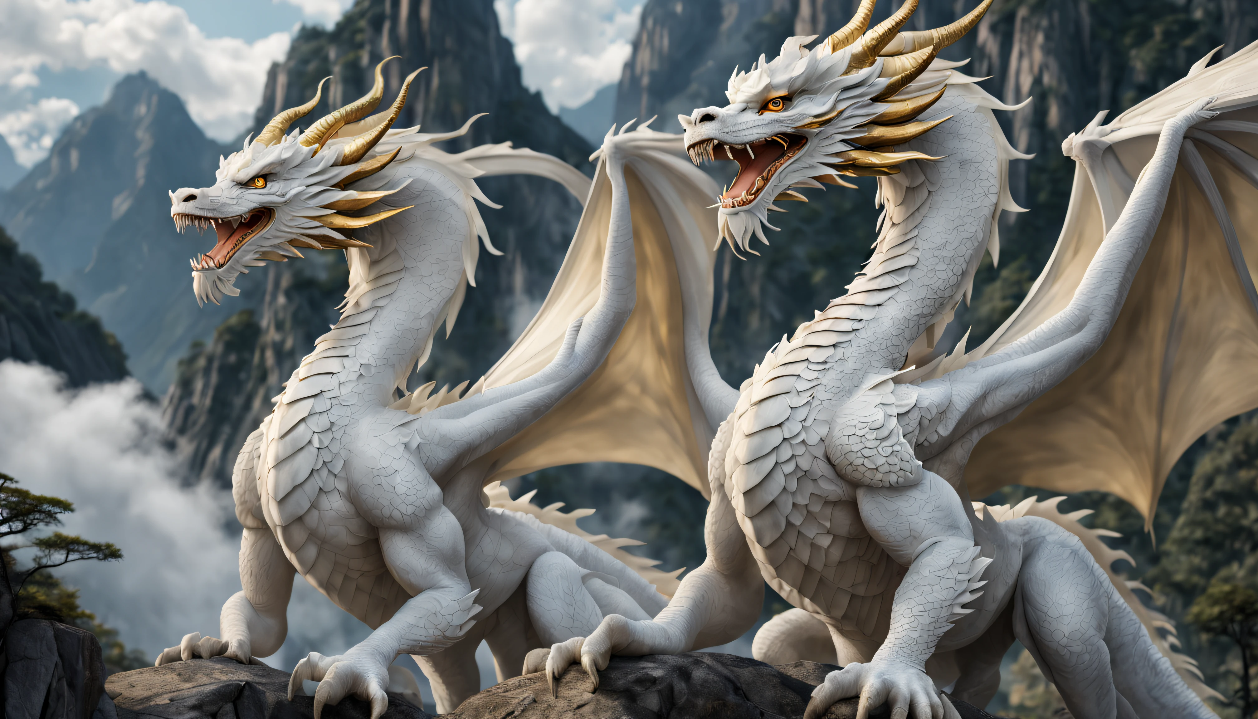 ultra realistic masterpiece HD 8k, very detail, real hairs, very fine detail golden outline each scale all over body, fine face, full body, fine fins, fine beards, fine eyes, fine horns, fine hair, very majestic, realistic, 2 pair white Chinese dragons, swining through Chinese mountains going up to the heaven realms. no wings