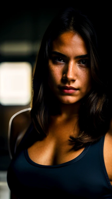 (retouched:1.6), (one-1-person:1.2), beautiful lady, freckles, dark makeup, hyperdetailed photography, soft light, fitness woman, sneakers, studio, Deep photo, depth of field,Foto de secuencia RAW, A photo of a 20-year-old teenager, Cara detallada, Fondos detallados de bajo desenfoque, Luces naturales, HDR, foto realista, foto profesional, Mirar al frente, look sexy, fotorrealista, Beautiful, 8k UHD, alta calidad, Film grain, Fujifilm XT3, ferrania p30 film, shadows, messy hair, perfect face and body, dark, nighttime, dark photo, grainy, dimly lit, seductive smirk, harsh camera flash