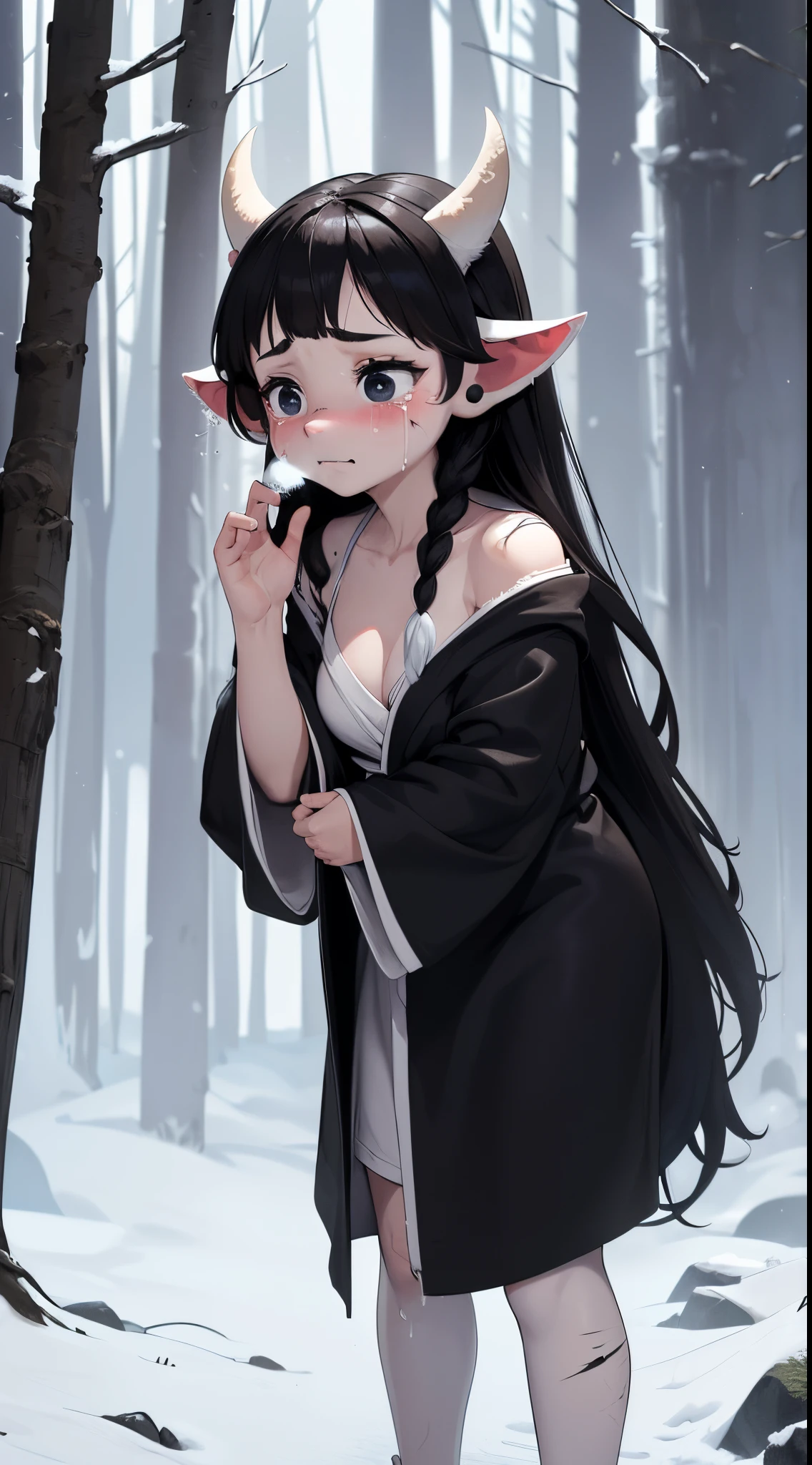 masterpiece, 1girl, a cute girl, with long ((black messy hair)), ((strange scar on face:1)), cute face, deep black eyes, ((horned:0.9)), ((goatee furry ears)), stand on snow, barefoot, ((ripped clothes robe)), ((crying face)), forest background, broken exposition, focus on face, erasing tears, flushed face, (frozen breath effect:1.35)