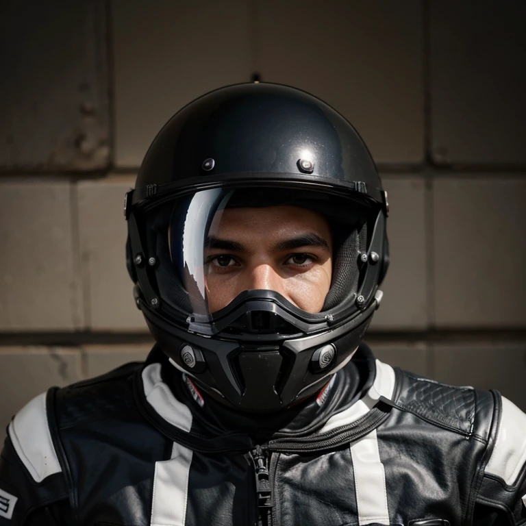 Homem de capacete preto de motoqueiro astronautico que cobre todo o rosto, casaco preto de Napa que parece um casaco de motoqueiro do moto gp, fundo abstracto com um teor filosofico