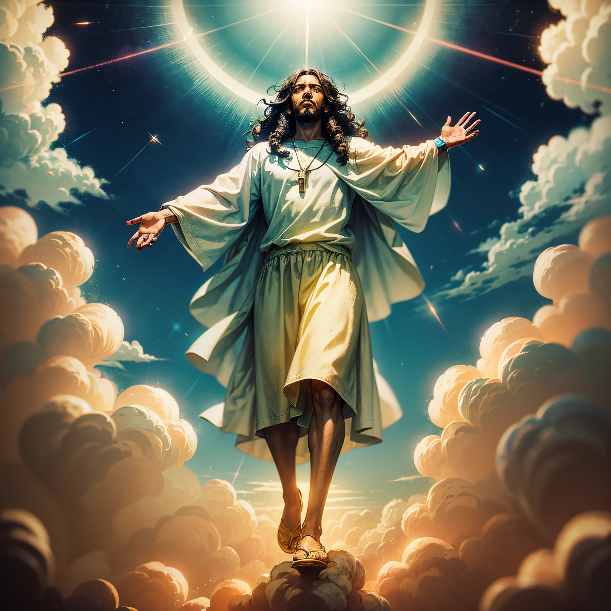 Black Jesus floating in the air on top of clouds with a light shining brightly on his face, dark skin