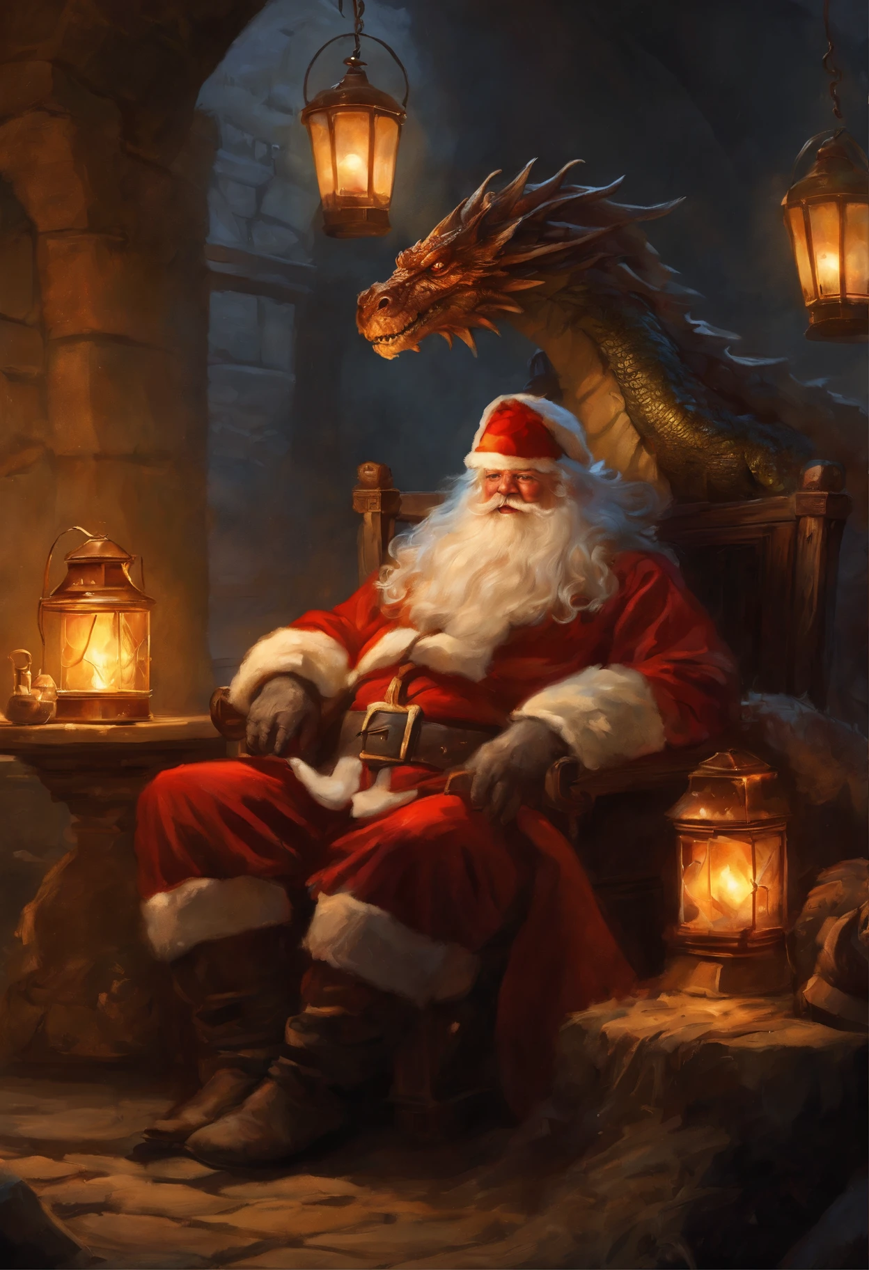 Santa Claus sits in a chair with a dragon and a lantern, Dave Dorman, Santa, dungeons and dragons fantasy art, Ryan Barger, realistic fantasy illustration, DND Fantasy Art, Todd Lockwood, Tolkien and Michael Komark, by Jesper Eising, tyler edlin fantasy art, fantasy rpg book illustration, Oil painting DND
