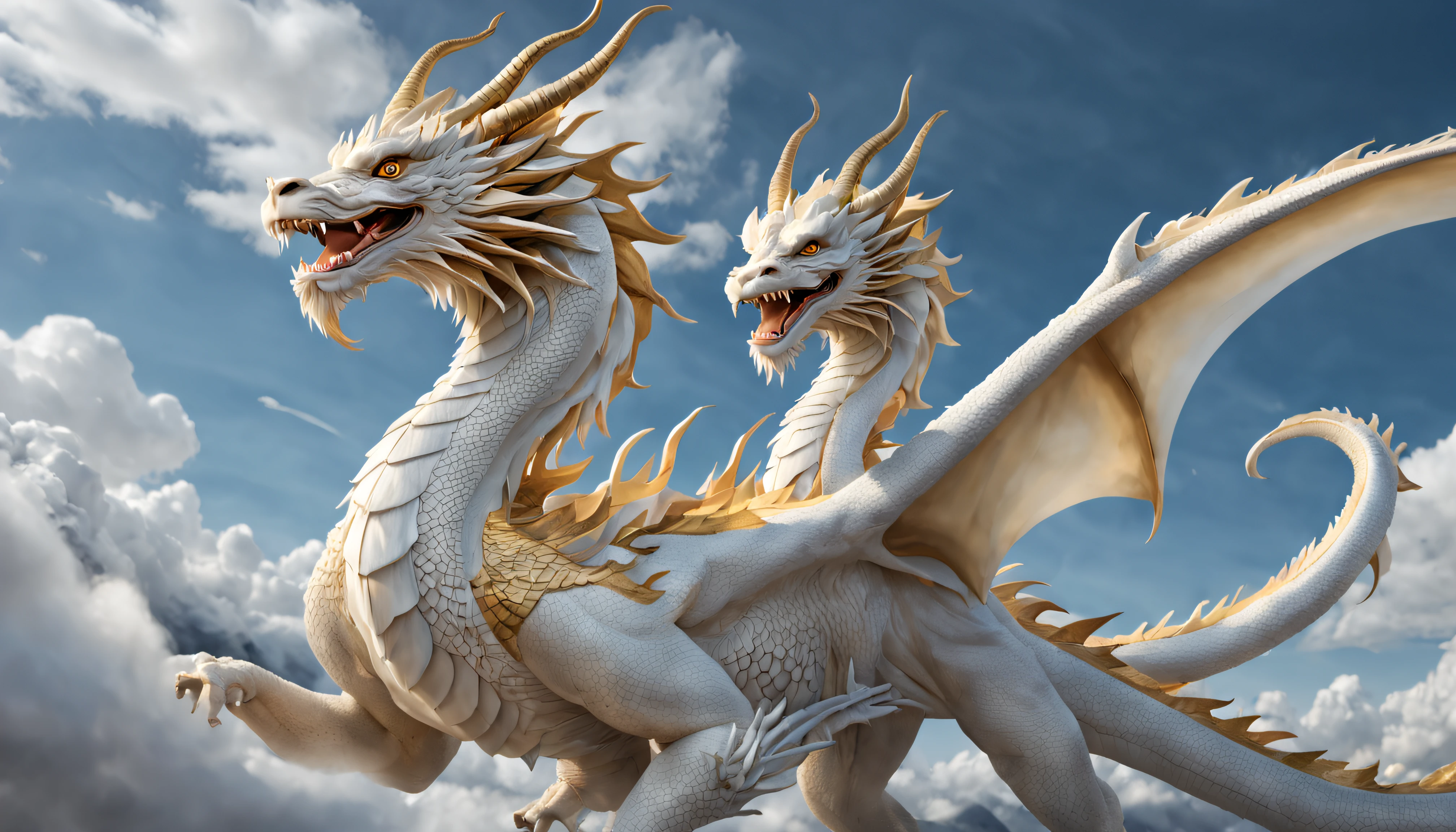 ultra realistic masterpiece HD 8k, very detail, real hairs, very fine detail golden outline each scale all over body, fine face, full body, fine fins, fine beards, fine eyes, fine horns, fine hair, very majestic, realistic, 2 pair white Chinese dragons, flying through the sky going up to the heaven realms. no wings