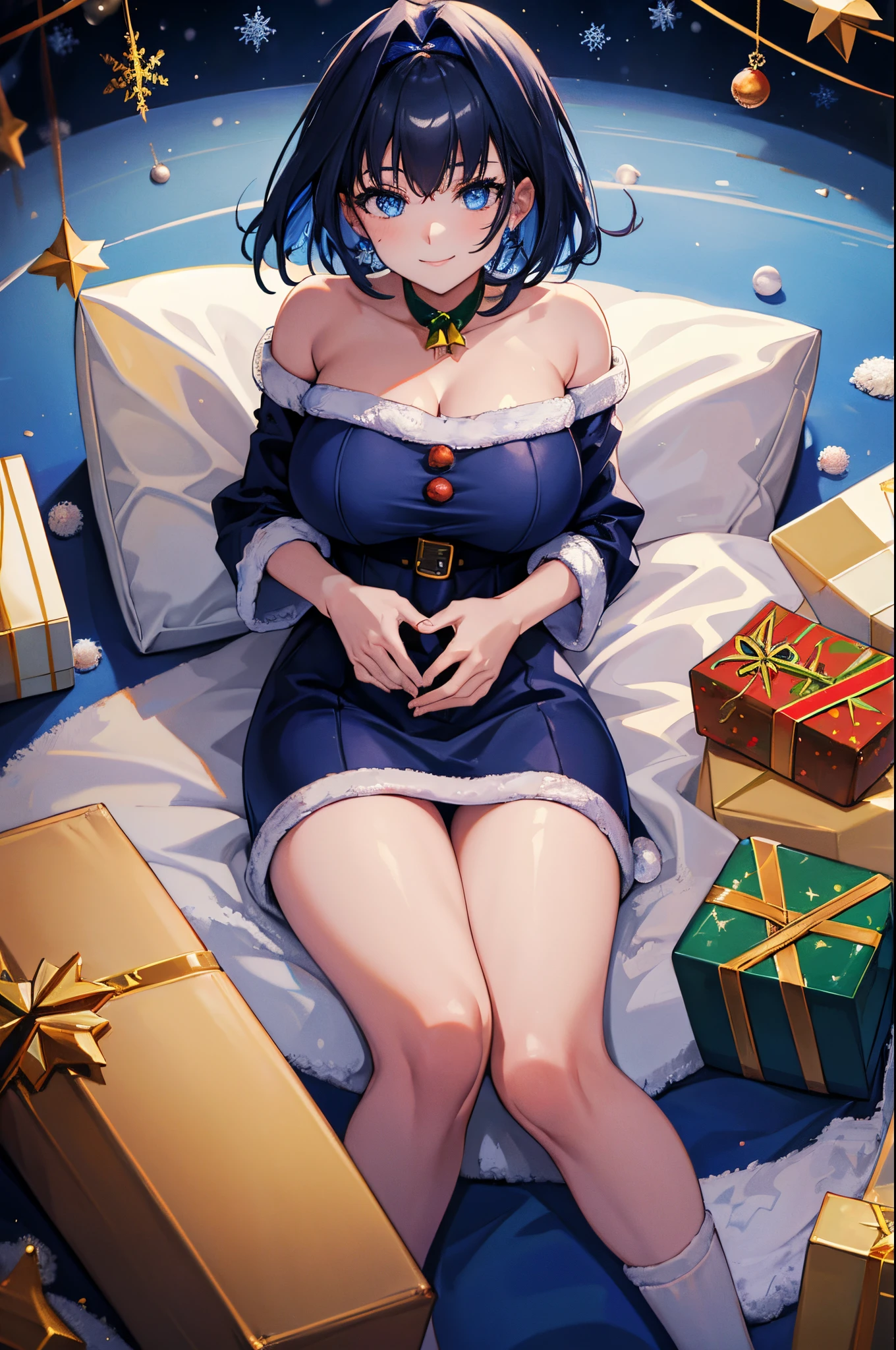 1girl, short dark blue hair, large breasts, blue eyes, smiling, lying down, full body, ((christmas)), absurdres, high res, ultrasharp, 8K, masterpiece, looking up