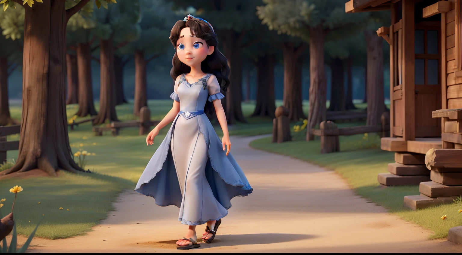 The good princess has dark hair and sky-blue eyes. She wears a gray gown like ashes and wooden sandals.