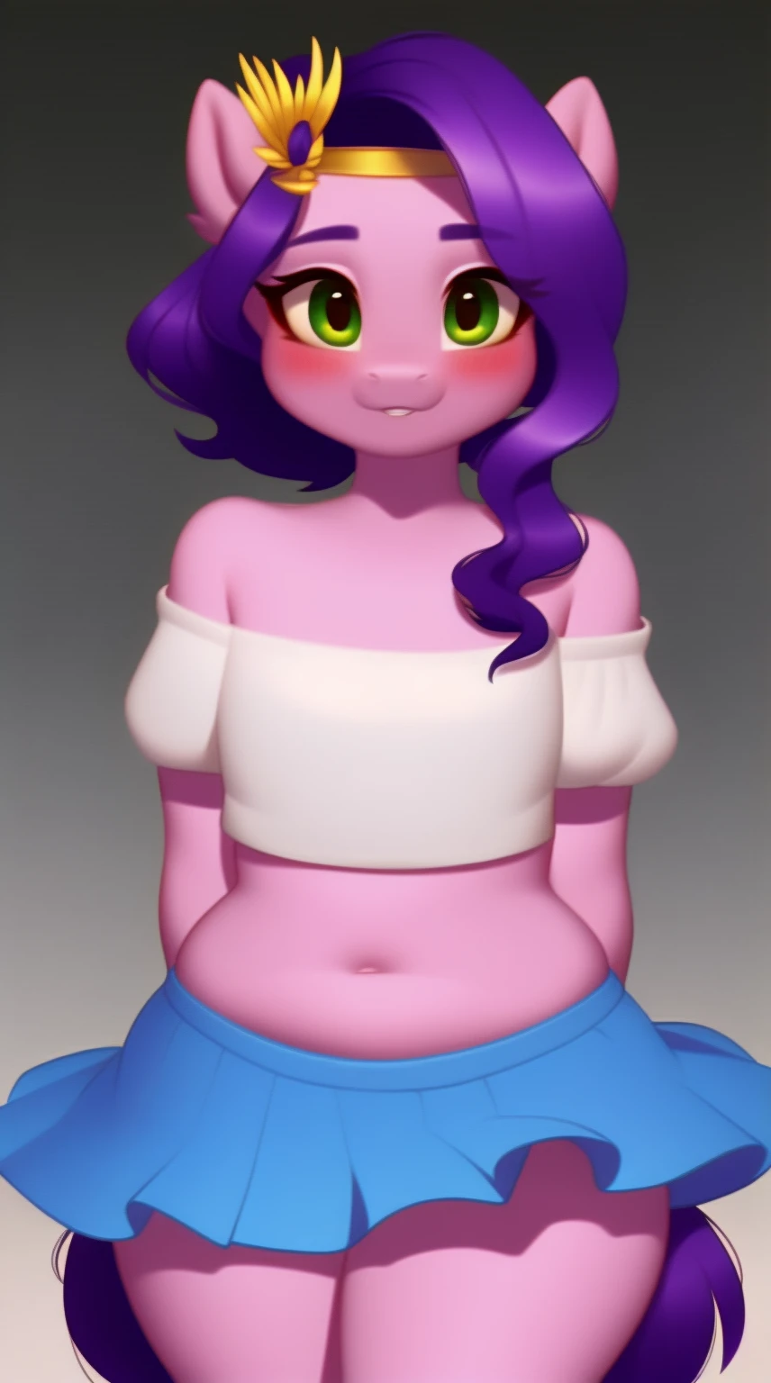 (score_9), (source_pony), (solo), (pegasus), ((anthro pipp petals :1.1)), (short ruffled skirt, off shoulder shirt), midriff, sexy, blushing, shy, long hair, anatomically correct, night garden, standing near fountain, flat chest, tiny breasts, half body, anime art style, solo, light purple fur, green eyes, arms behind back, hourglass figure, curvy, wide hips, plump body, young, short, chubby, cute, high res, thick thighs, facing straight at viewer, thick thighs