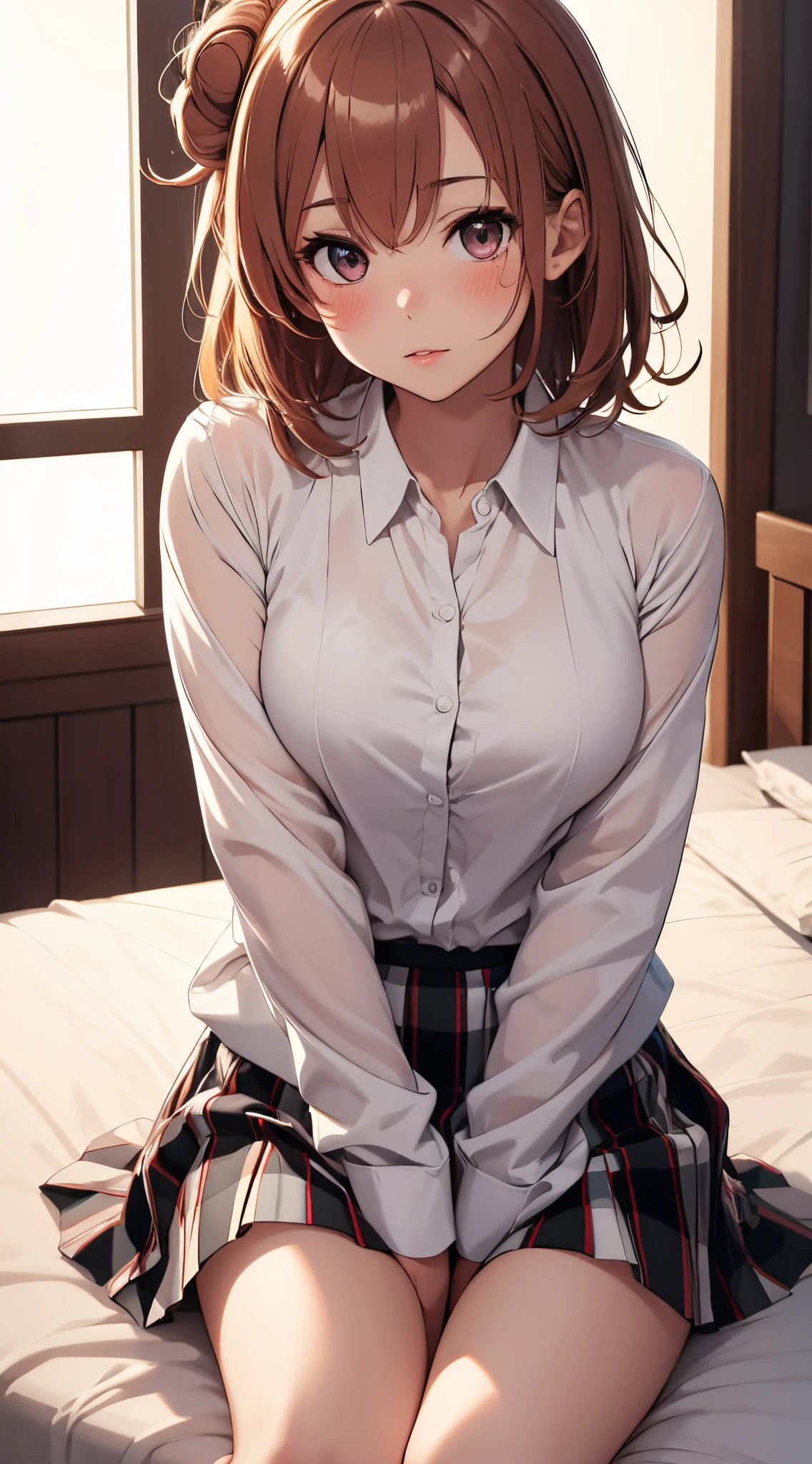 1girl, solo, masterpiece, best quality, high res, highly detailed, (illustration), beatiful detailed eyes, yuigahama yui, single hair bun, glossy lips, light makeup, blush, bed, sitting, white shirt, short black pleated skirt, (knees bent)