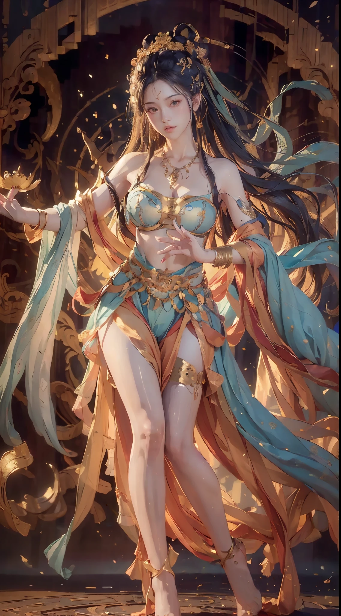 (Fullbody shot:1.5),(RAW photo, Best quality), (Realistic, photo-realistic:1.3), Highly detailed, Ultra-detailed, Small bra B cups，1girll, Dancing, Dynamic Angle, world mastery theater, Messy_Long_Hair, extremely detailed CG unity 8k wallpaper, ink, astounding, lenlare, dunhuang_Style, (big breasts beautiful+fanciful), (8k wallpaper:1.2+8k wallpaper:1.1), (art-style+art work) Perfect facial features, Super realistic, illustration, surrealism, cubismo, Best quality, Masterpiece, Best quality, High details, (2-legs,2-hand,5-finger in each hand)