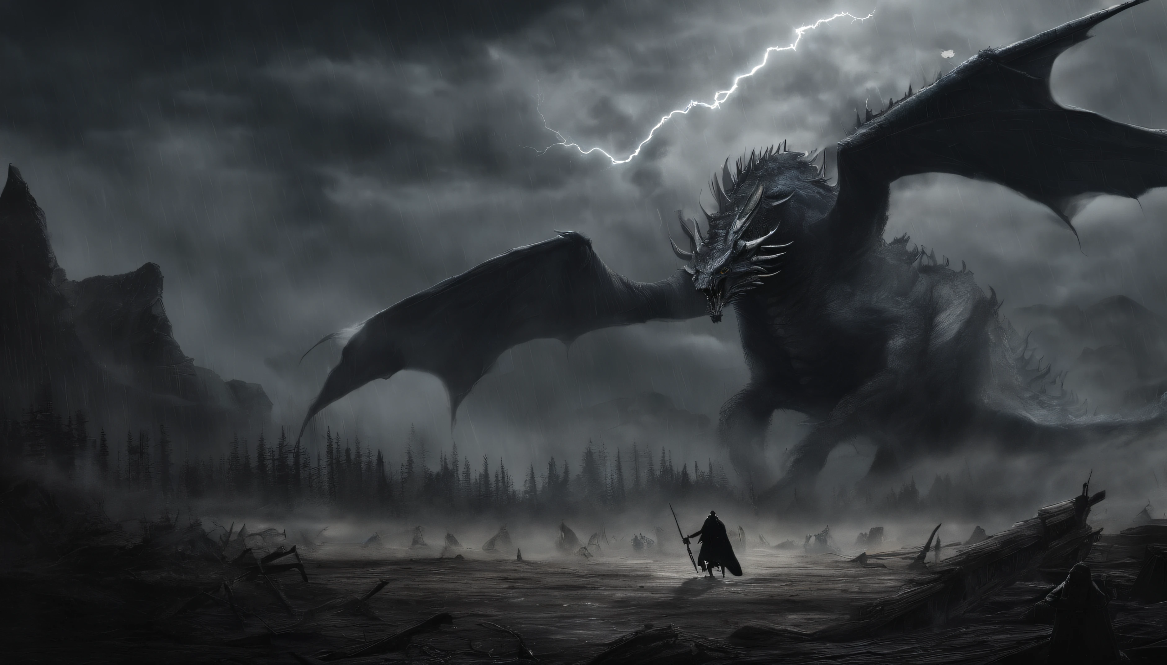 /imagine prompt: Epic fantasy battles across vast plains, Armies of mythical creatures and warriors fight each other, Wielding fantastic weapons, A storm is brewing in the dark sky, Lightning strikes the ground, Flying dragon above, Heroism in Troubled Times, a work of art, mixed media, Combine digital painting with traditional painting,for action, Dynamic and detailed, --16:9-5 p.m..meter.'bell