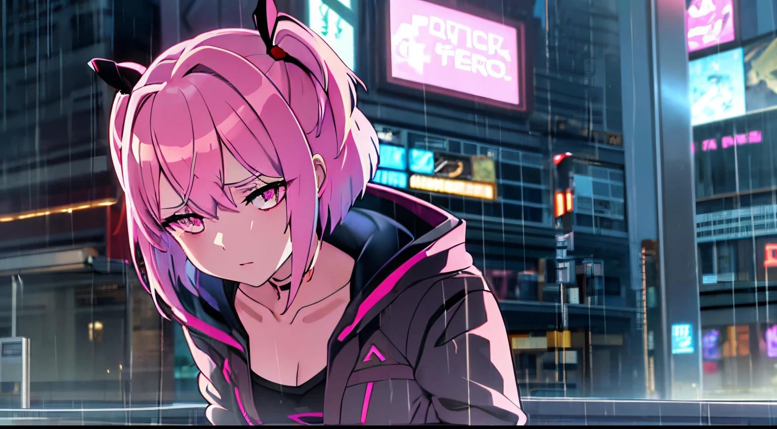 spider_oc, 1girl, short hair with bangs, pink hair, (no pupil: 1.21), (face covered: 1.21), arms outstretched, building, hood, city, superhero, silk, hoodie with white top and black bottom, sitting, city, looking at viewer, alone, 