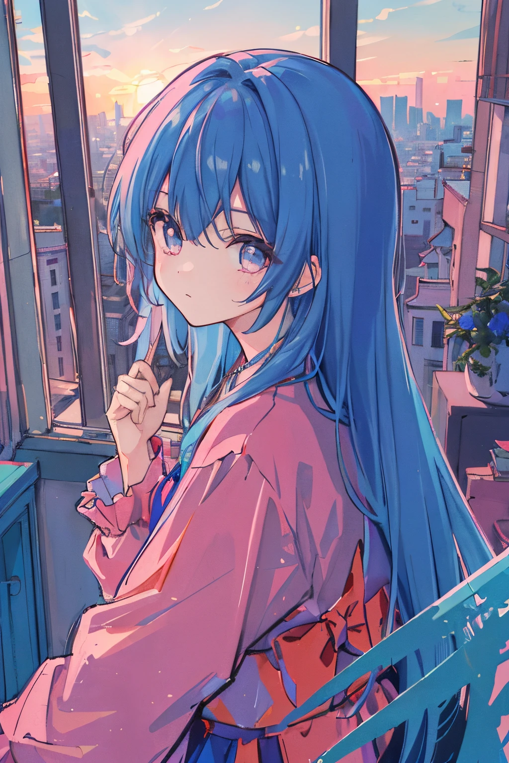 (Masterpiece:1.5, Best Quality:1.5), ((Vaporwave style, Partial coloring)), a closeup of a, From directly above, cinematic angle, 1girl, looking tired, Long_Hair, 独奏, in bedroom, The dolls were confused, A decadent life, Pillar outside the window, Sunset outside the window, The street outside the window, Sunset outside the window,blue sky hair