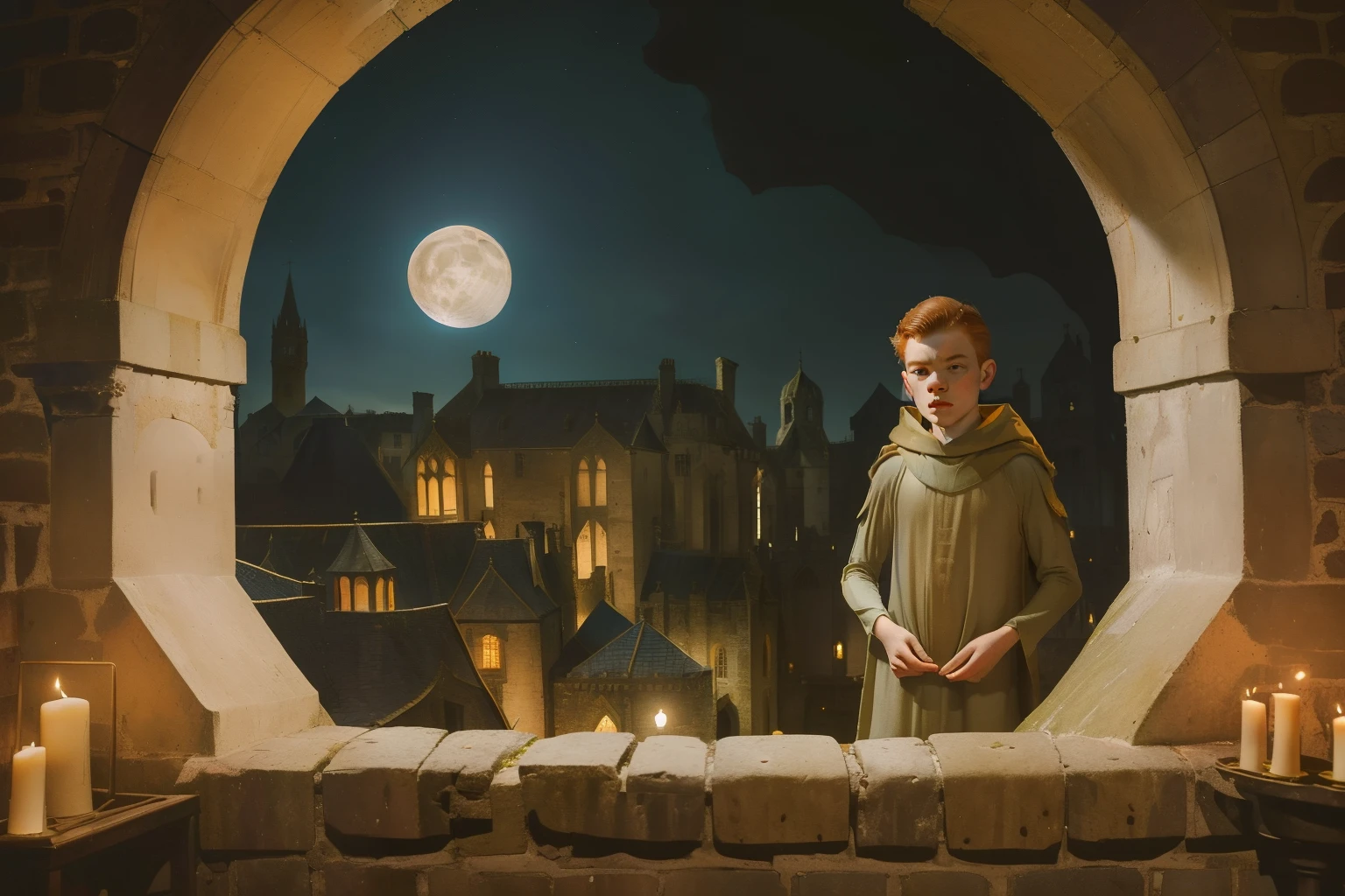 1136, Kingsbridge, England. otherworldly scene in a medieval monastery, (((((12-year-old)) Cameron Monaghan))), exploring, sneaking around, vigilant expression, nighttime, full moon, ((((poor plain tunic from the 12th century)))), ((Hairstyle of the 12th century)), ((Wes Anderson cinematic style)), colorful