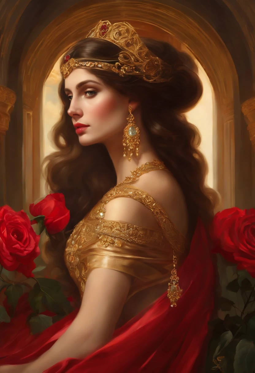 Painting of a woman, ((18 years old)), of extreme beauty and seduction, ((goddess of beautiful seduction)), perfect body, ((angel of death)), black medusa hair, long hair, panther eyes , ancient Greek costume, black dress with golden embroidery, flowing and ethereal, ((Greek columns in the background) ), ((floor covered in red roses)), sexy posture, ((with diamond and ruby amulet necklace around the neck) ), ((bracelets on arms and wrists)), richly dressed, ((sexy and sensual woman) ), ((goddess of seduction of extreme beauty)), baroque, rococo style painting, 32k Ultra, Ultra HD, Bowater art style , baroque digital painting, Renaissance digital painting, masterpiece! inspired by Franz Xaver Winterhalter, inspired by Friedrich von Amerling, beautiful character painting, beautiful digital painting, inspired by Thomas Lawrence, beautiful yywater painting, refraction, reflections, mirrors, prisms, sunlight, bright lights!! Complex, elegant, highly detailed digital painting, art station, concept art, sharp and soft focus, illustration, art by ( ( ( ( Artgerm ) ) ) ) and ( Greg Rutkowski )! and (((Alphonse Mucha))), eye