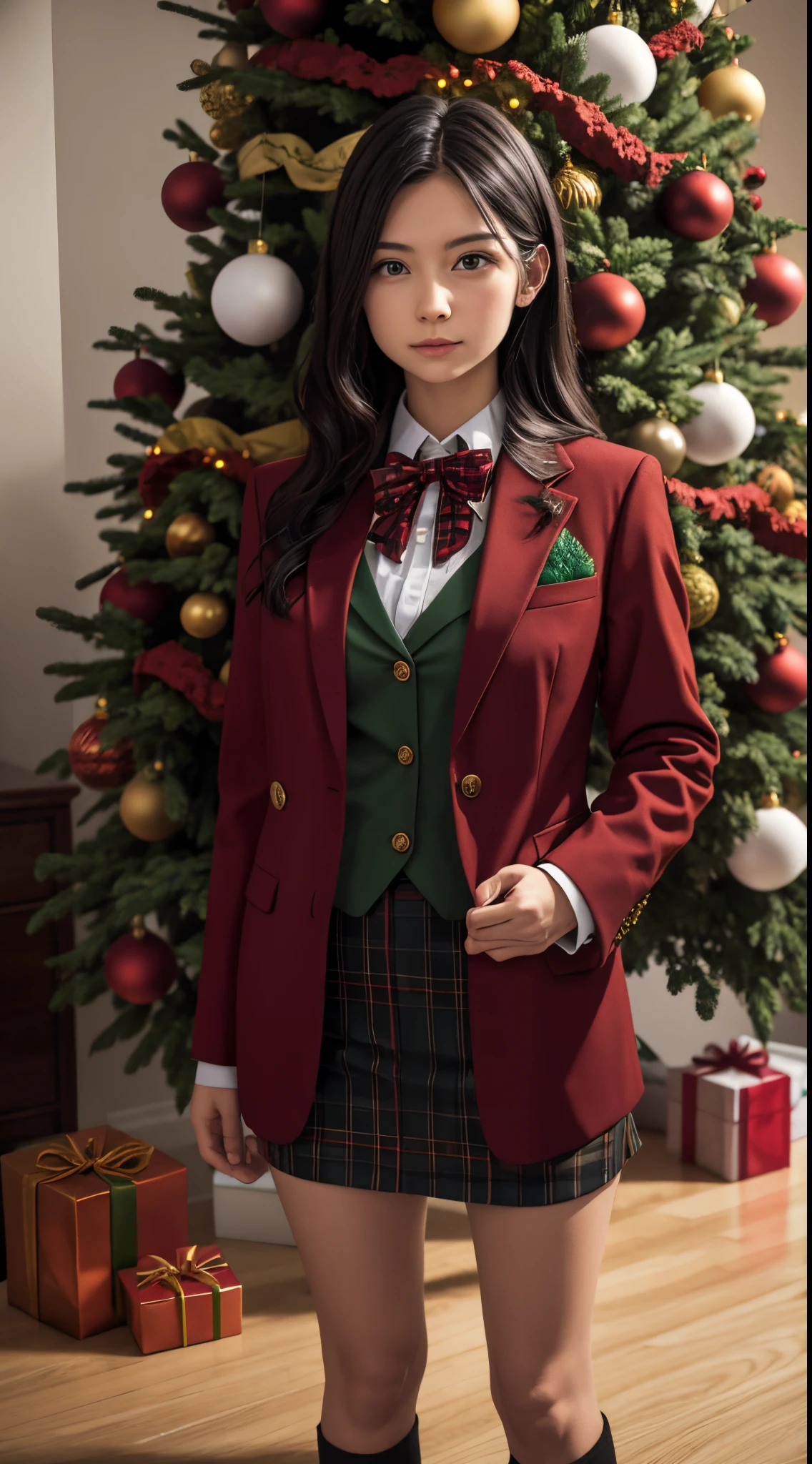 Girl in a festive suit, standing near the Christmas tree