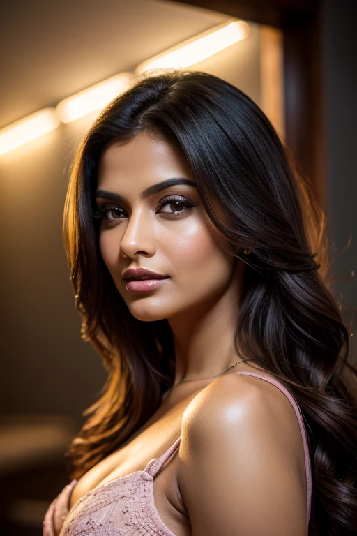 Portrait of Indian most beautiful and attractive woman in her 30s as a beautiful female model, beautiful face, [[Long Brunette Shag with Subtle Highlights]] Her dark hair falls in loose waves around her face, dramatic lighting, trending on art-station, portrait, digital art, modern, sleek, highly detailed, formal, determined, pink liner lipstick, soft lips, black eyes, happy, naked