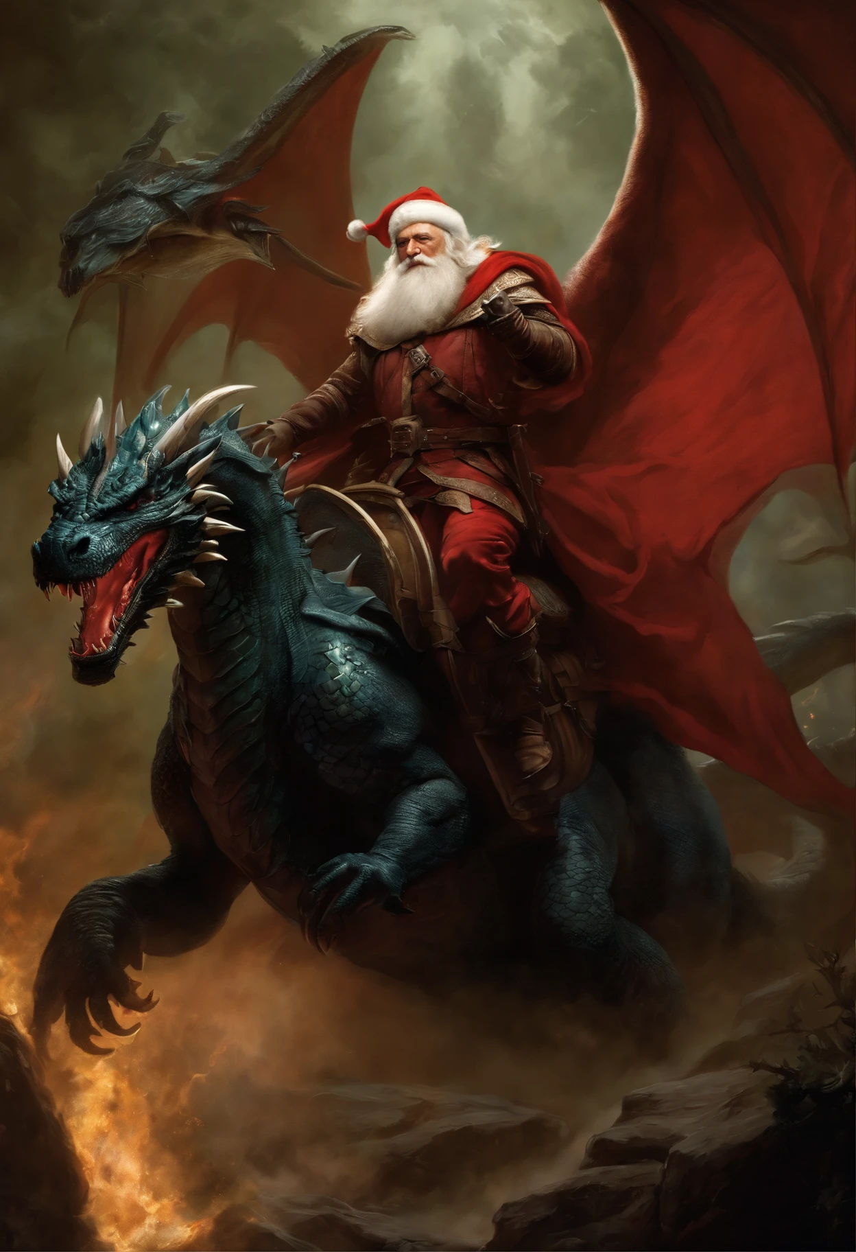 Painting of Santa riding a dragon wearing a red cape and red cape, Riding a dragon, fat dragon with rider, Santa, Dragon Rider, Jesus riding a dragon, Anne Stokes, Dave Dorman, Joe Biden riding a dragon, Winds of Winter, Гиперреалистичный D & D Фэнтезийное искусство, Darrell K. Collapsed, dungeons and dragons fantasy art, fighting a dragon