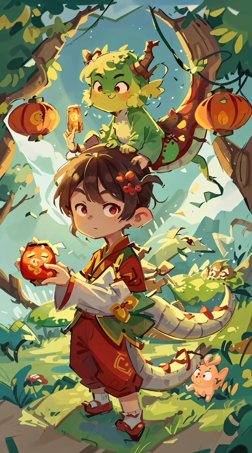 Year of the Dragon poster,hand painted style,Cute Chinese dragon,Positive Chinese Dragon,gentlesoftlighting,Traditional Chinese Spring Festival,Festive dragon image,There are dragon horns on the head,There is a dragon's tail behind him,looking towards the viewer,There's a dragon behind you